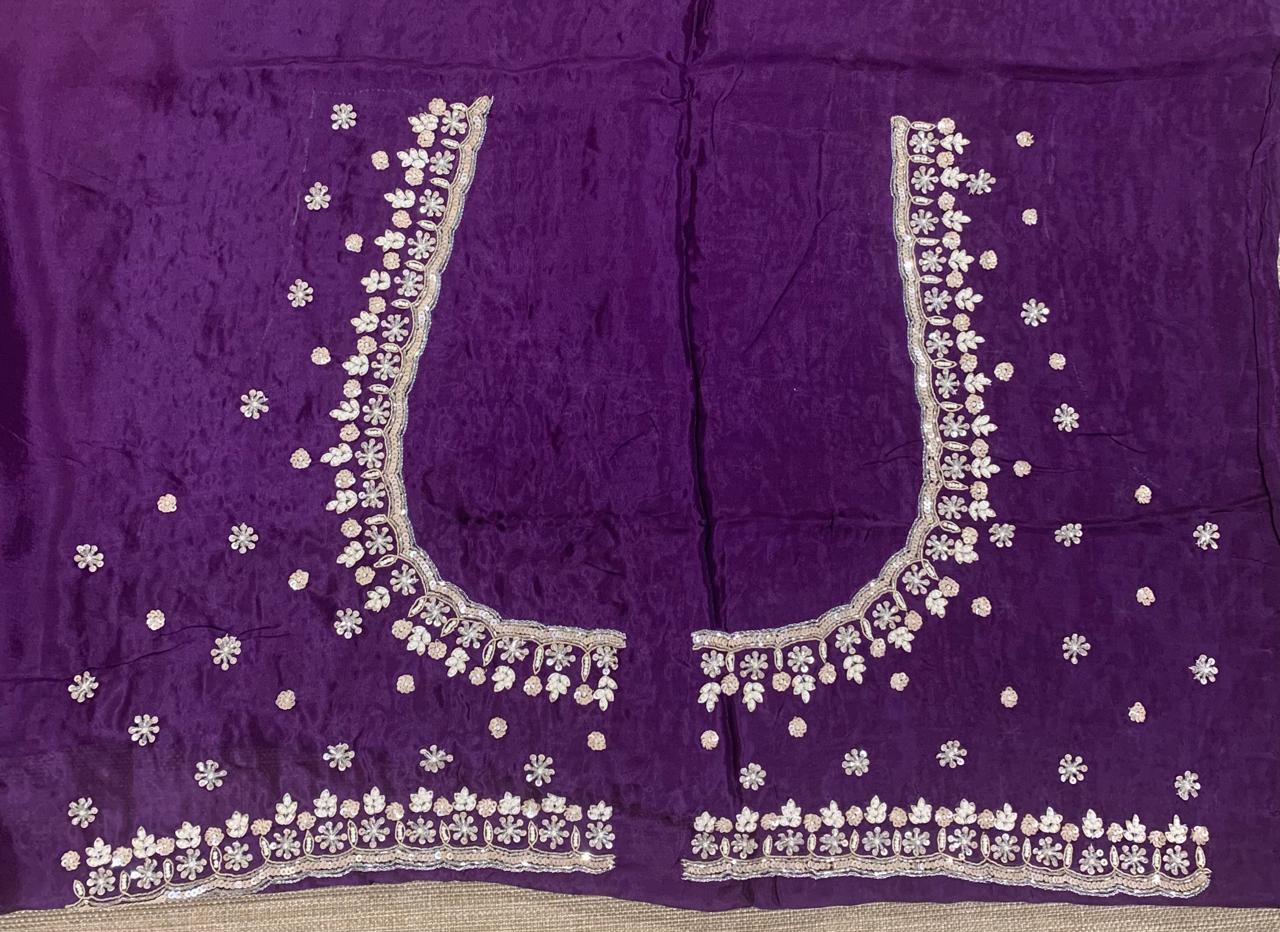 Purple Satin Gorgette Saree with Handwork border & blouse and allover zari butis