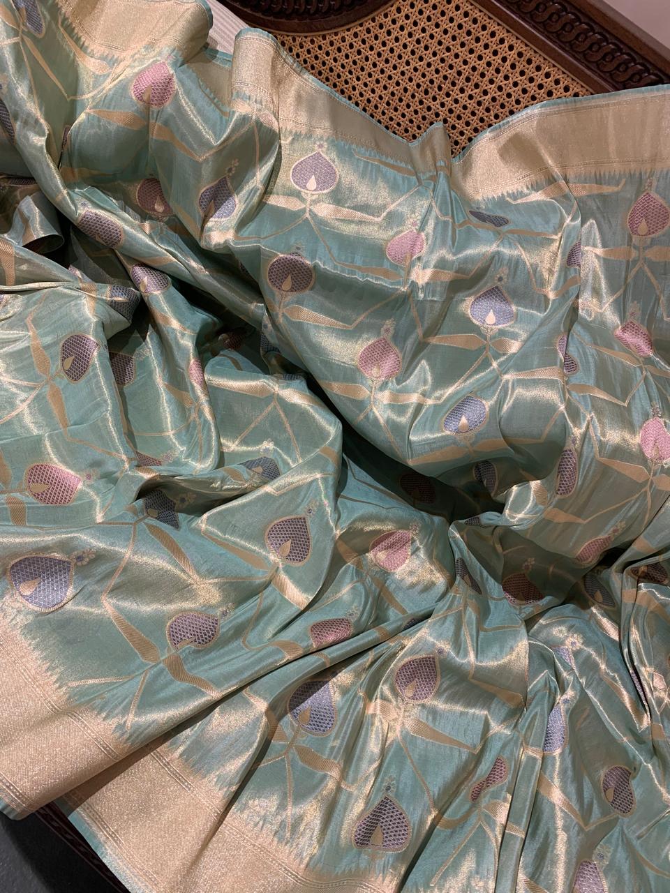 SBETM162 Teal Designer Banarasi Ektara Tissue Saree with allover meenkari jaal