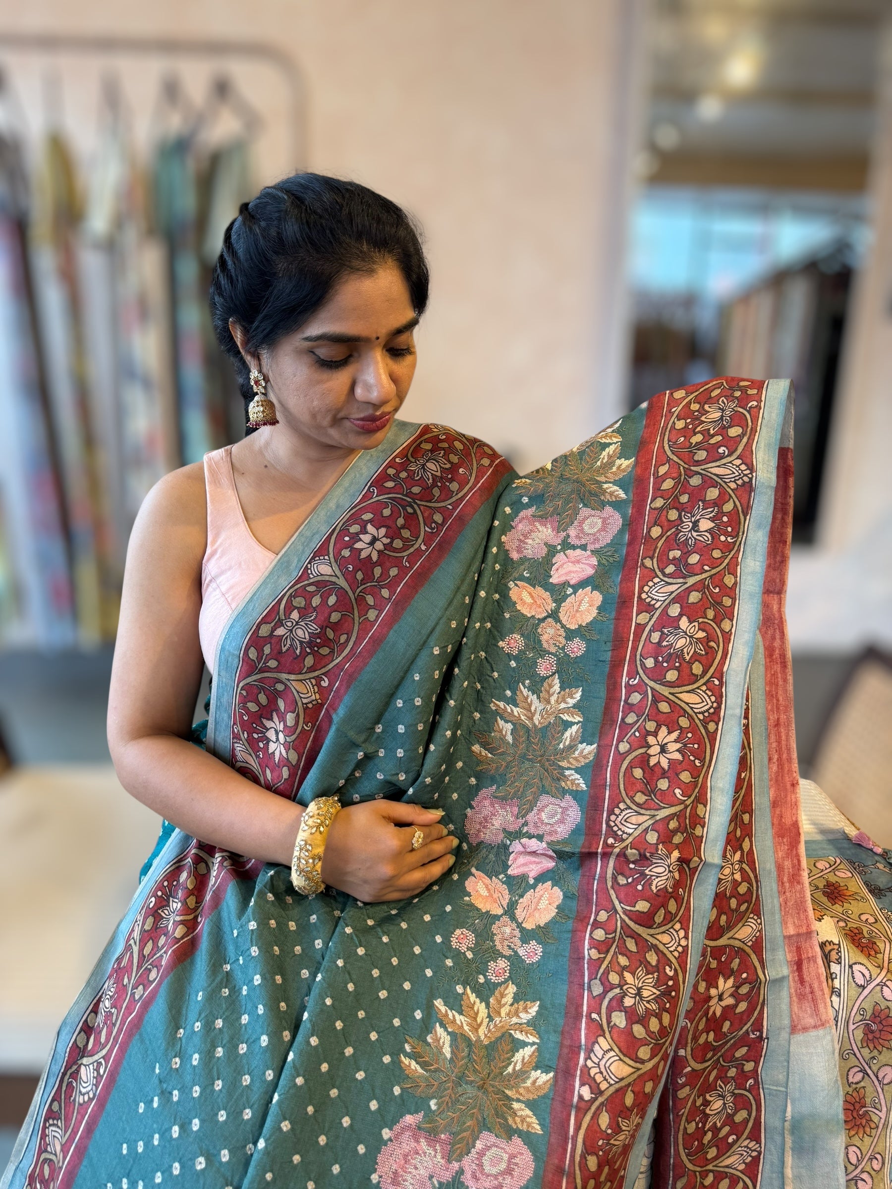 Bandhini Saree With Pen kalamkari Border & Petite Point Emb Blouse