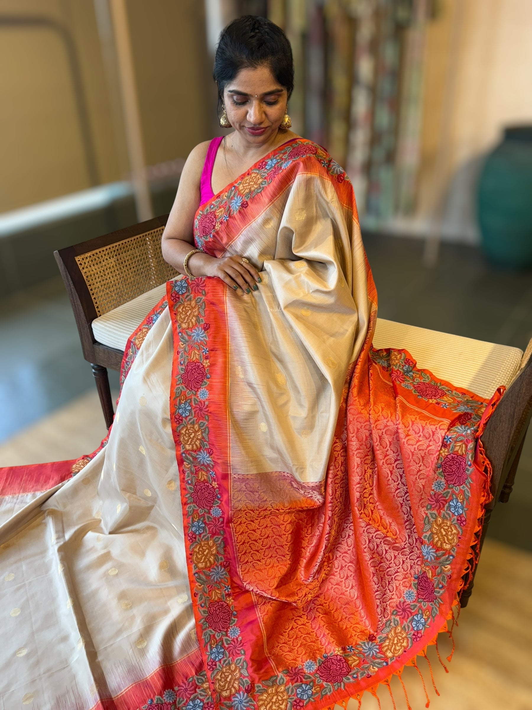 Champagne Gold Kanchi Silk Saree in With Petite Point  Embroidered Border