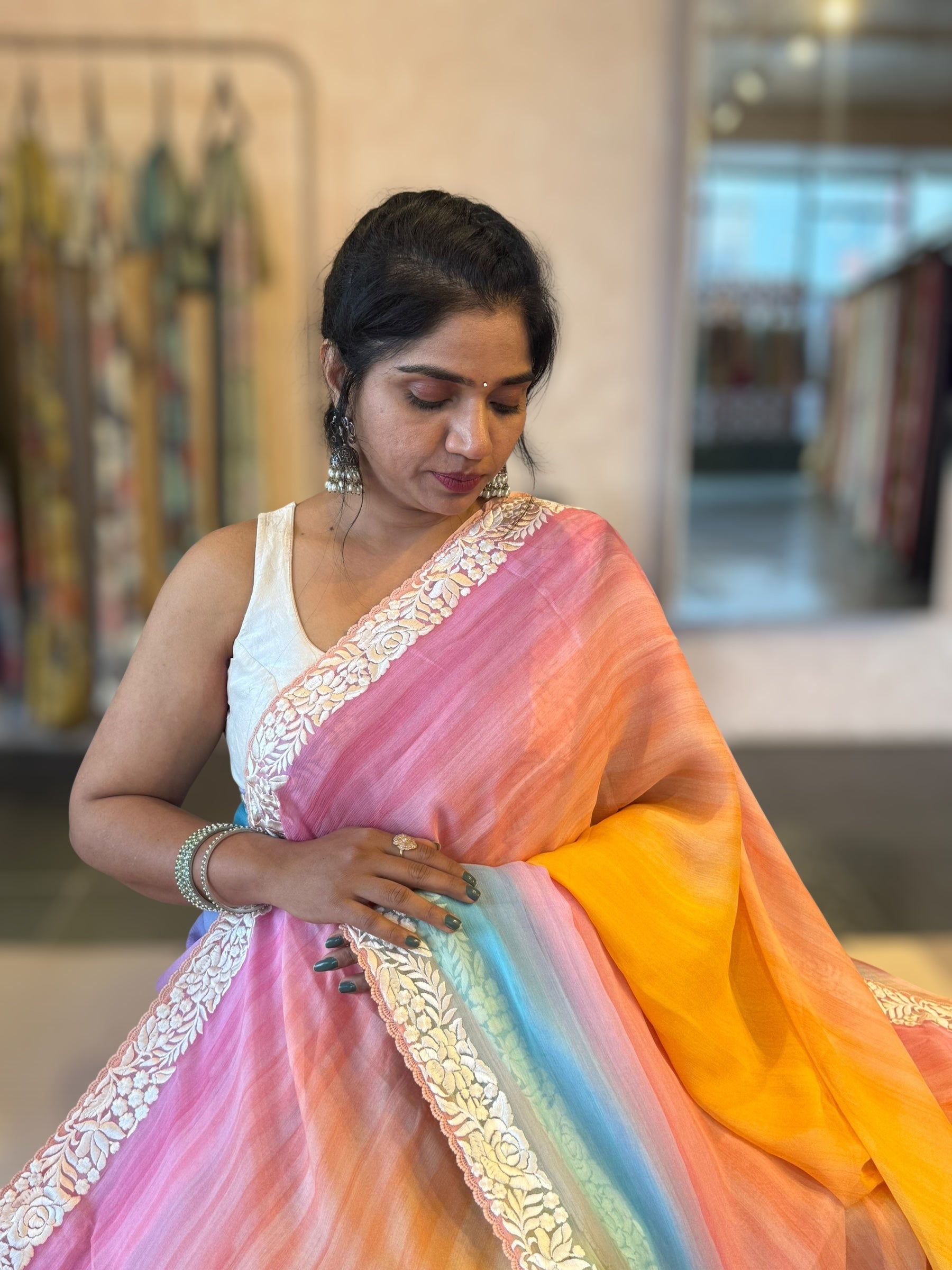 Pure Chiffon Saree with Ombre Brush dyeing & Parsi Gara Embroidered Border