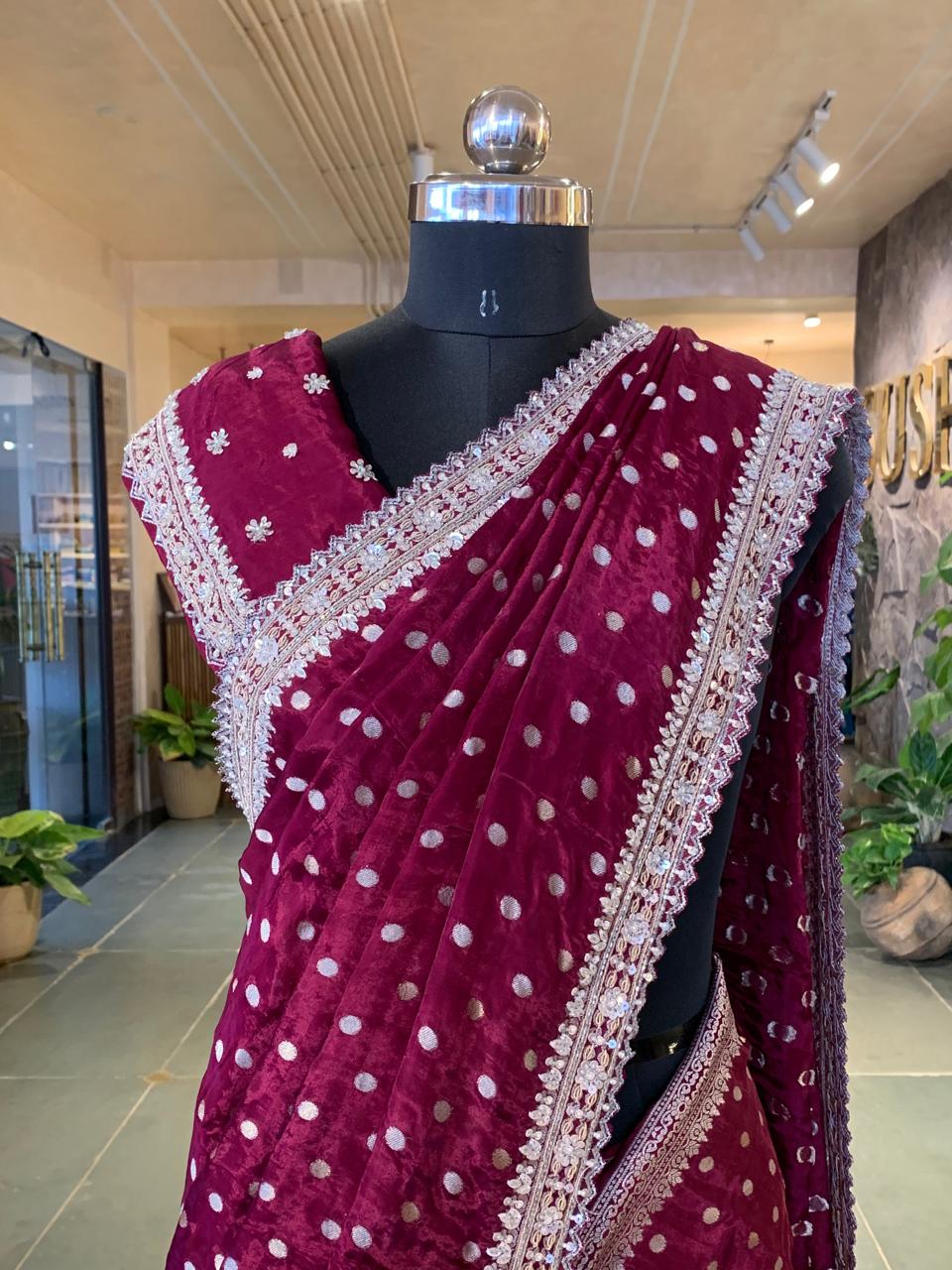 Wine Satin Gorgette Saree with Handwork border and blouse and allover zari butis