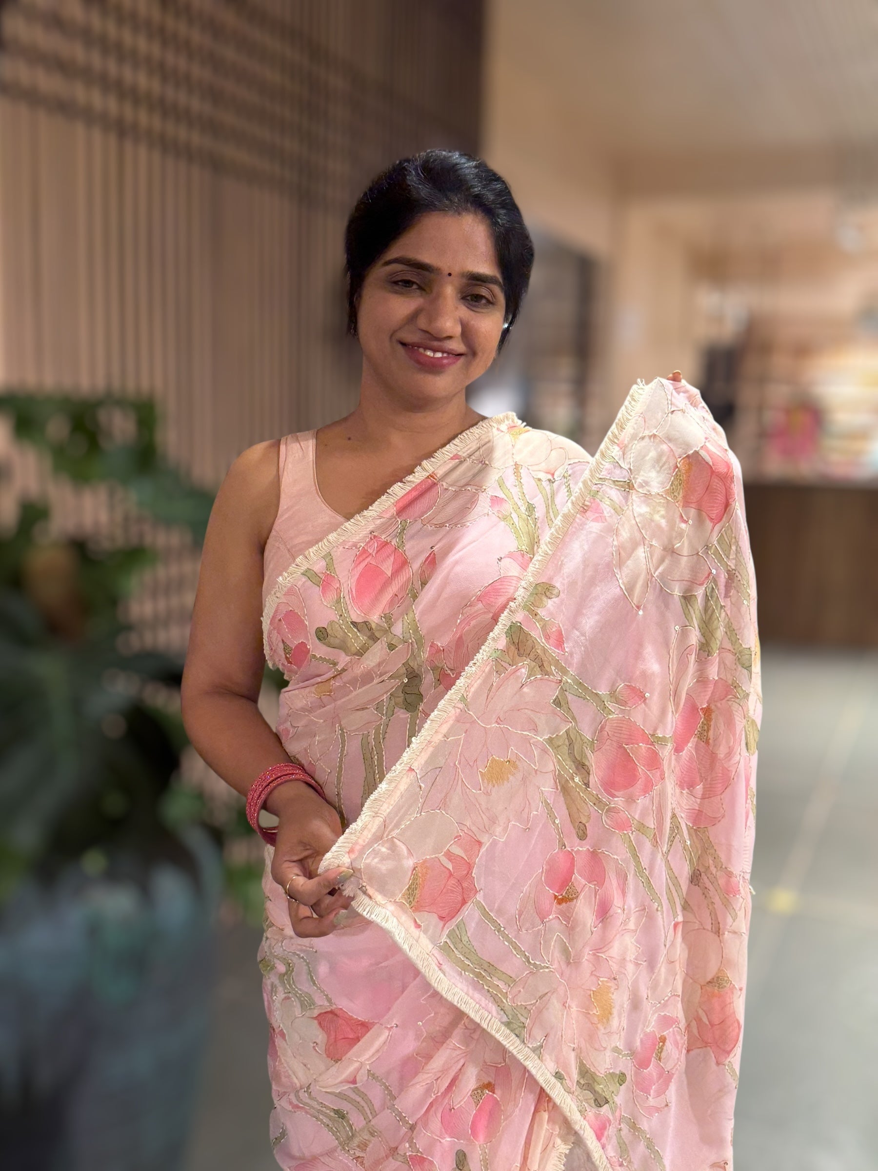 Pastel Pink Pure Gorgette Printed Saree With Allover Hand Done Katha work