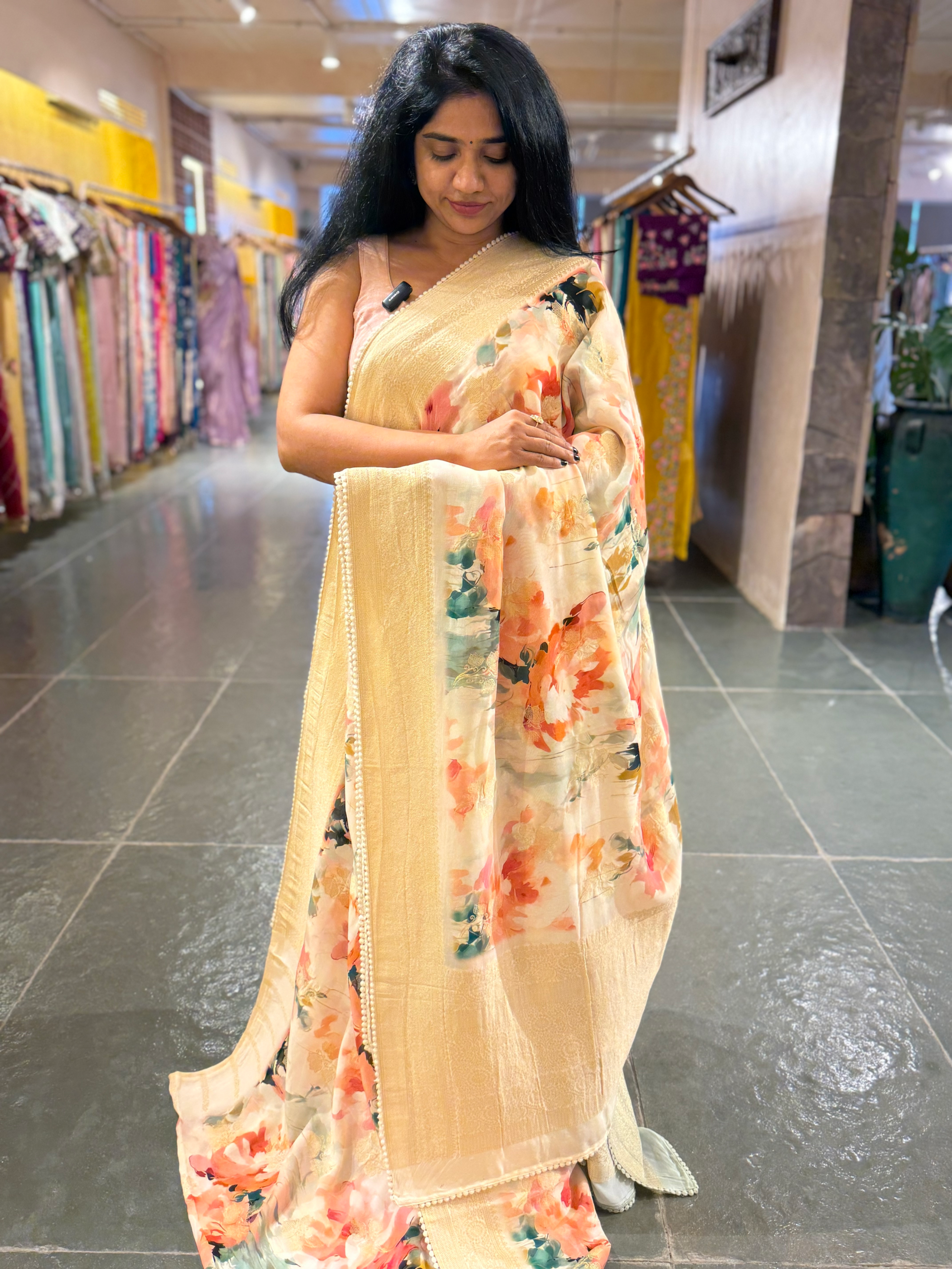 Lilac Pink Banarasi Khaddi Gorgette Sarees with Floral Print
