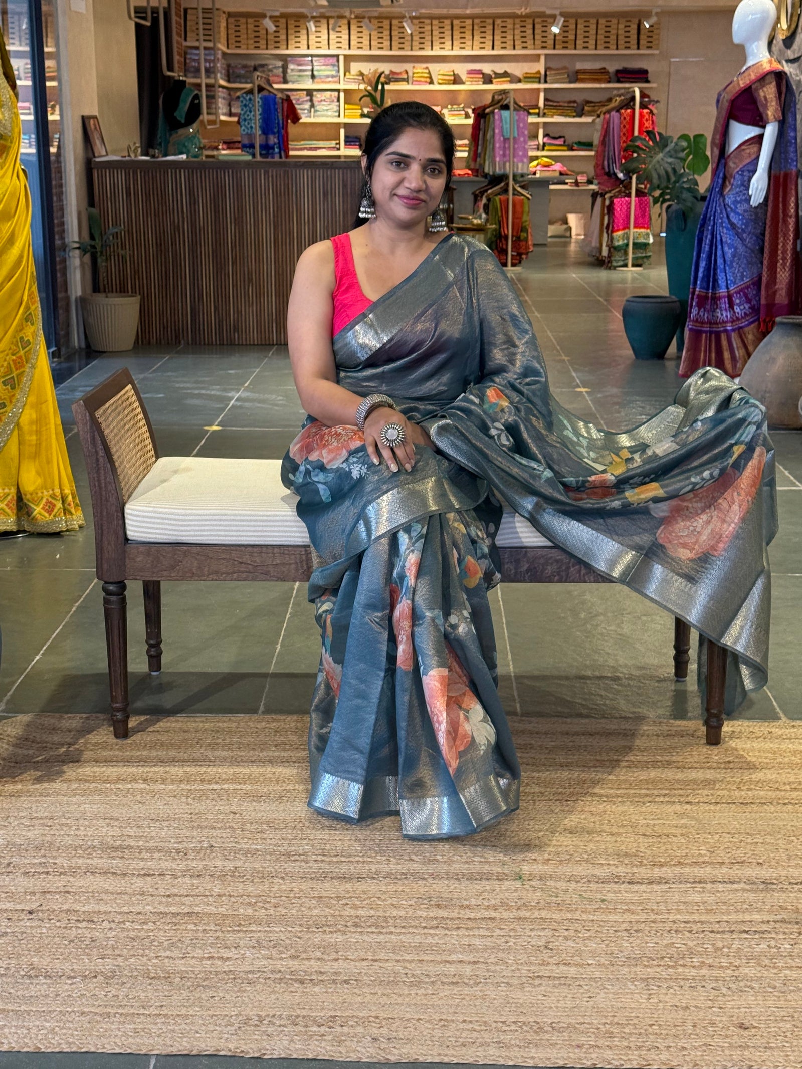 Banarasi Floral Printed Cotton Tissue Saree with brocade pallu and blouse