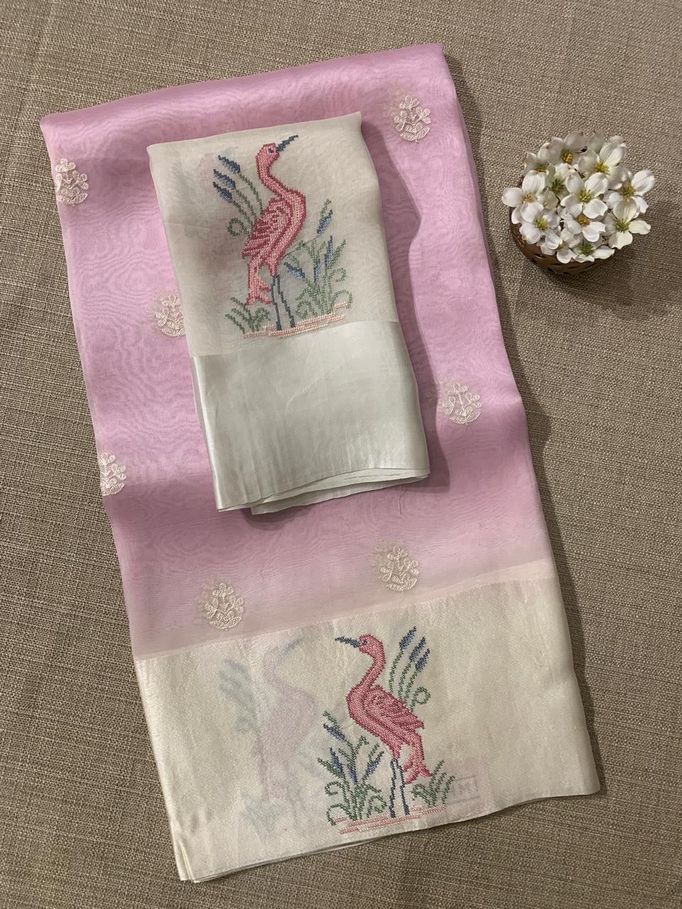 Pink Pure Organza Silk Saree with Petite Point Embriodered Swans Mashru Borders