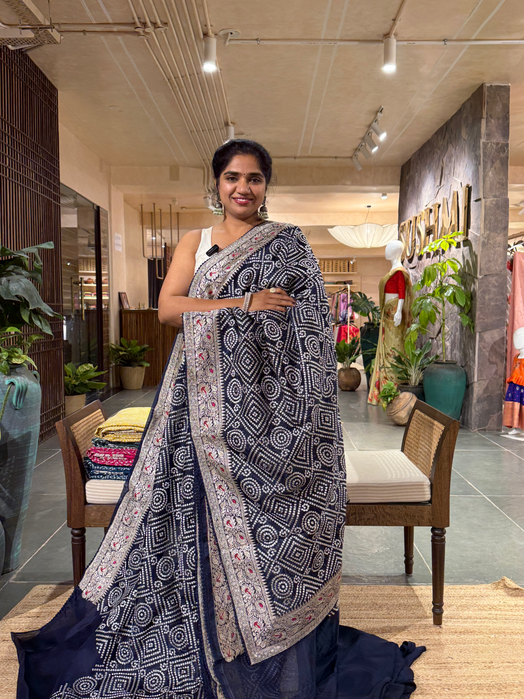 SOBBM173 :Midnight Blue  Organza Banarasi with Bandhini Look Allover Embroidery