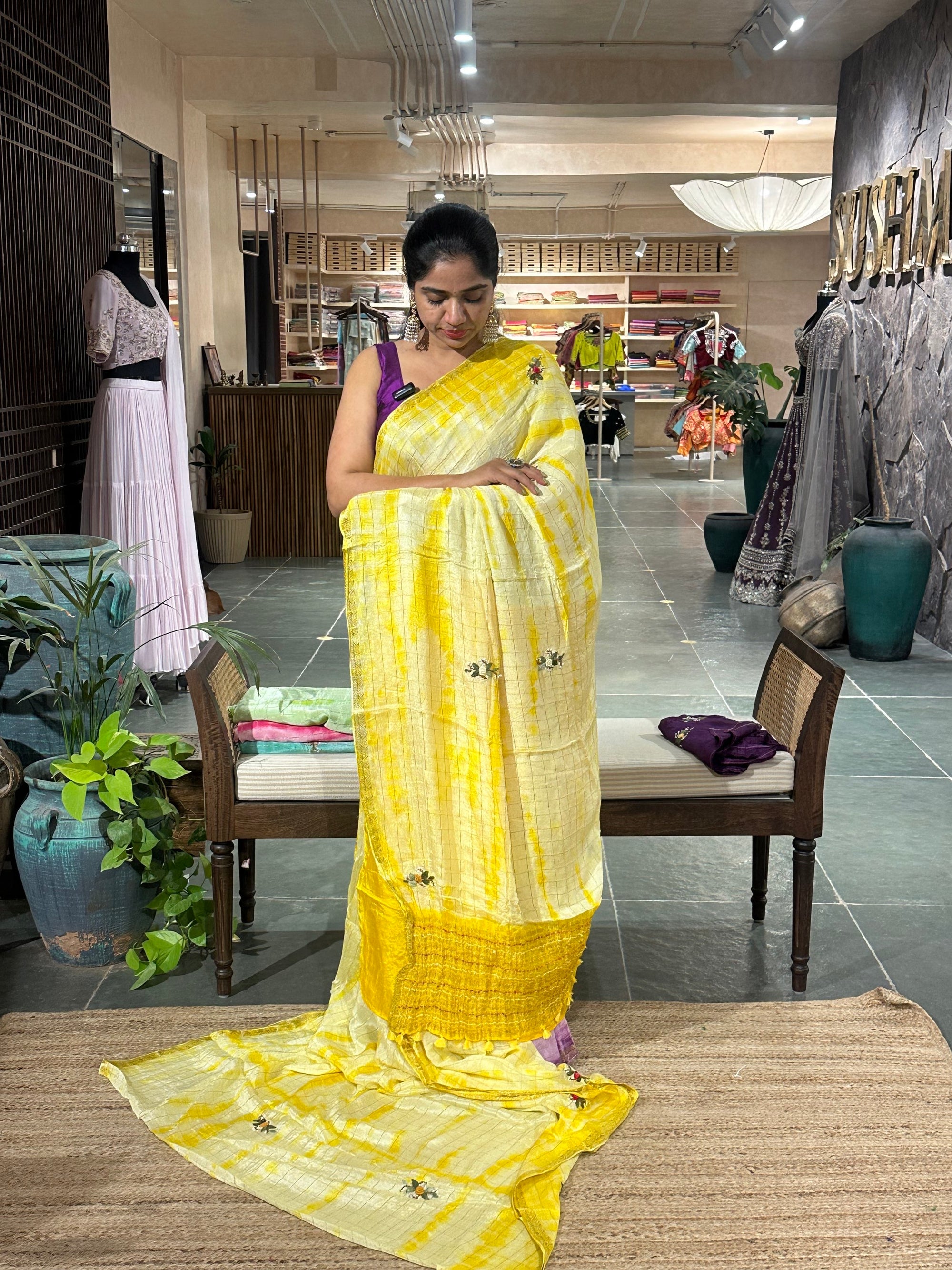 Yellow Chinnon Cheks Shibori dyed Saree with hanwork motifs