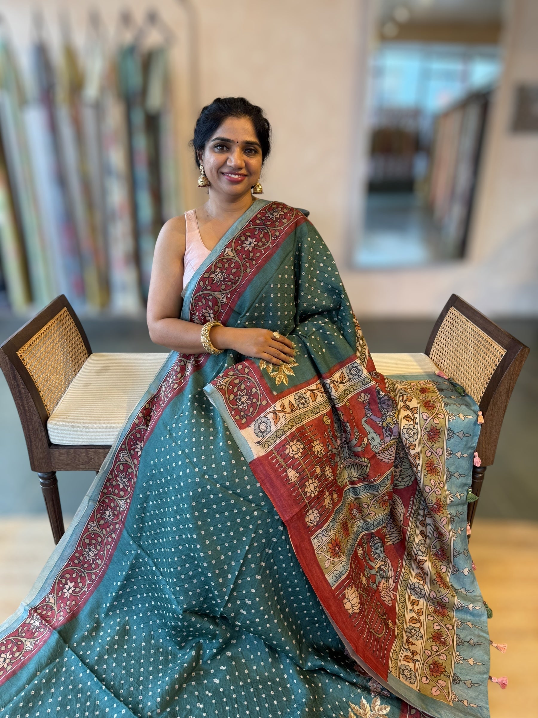 Bandhini Saree With Pen kalamkari Border & Petite Point Emb Blouse