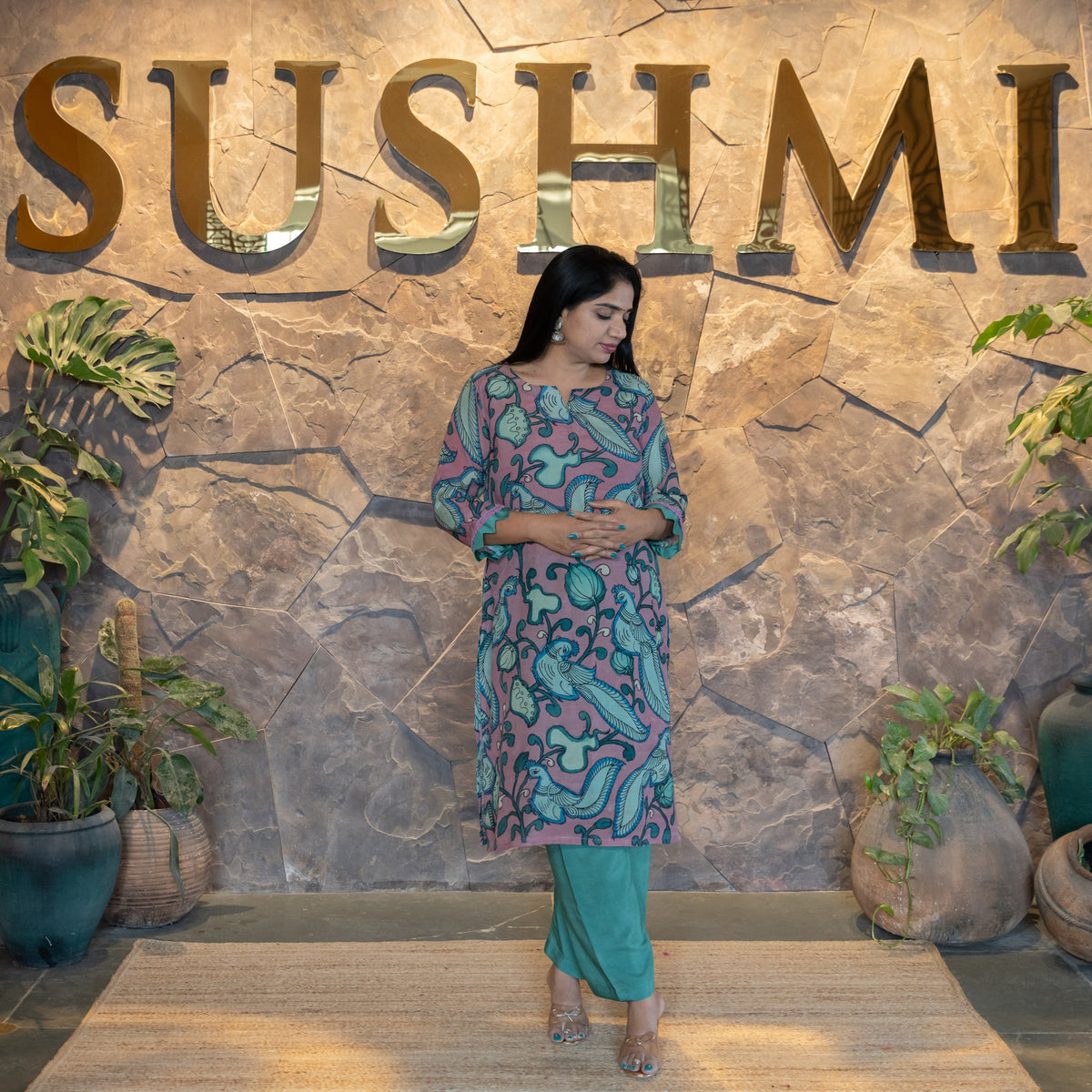 Statement Peacock Pen Kalamkari Silk Coordset