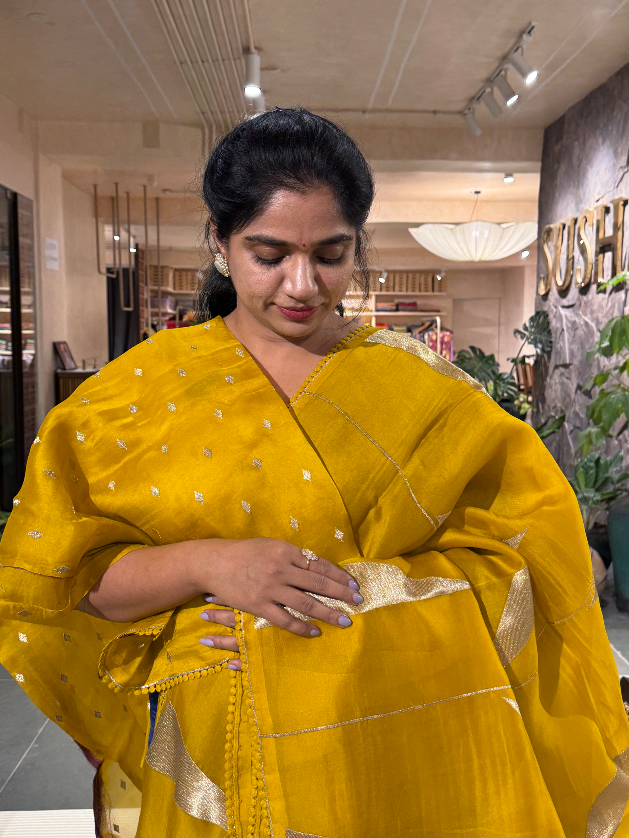 SOCA103 Mustard Pure Organza Silk Saree in contemporary style