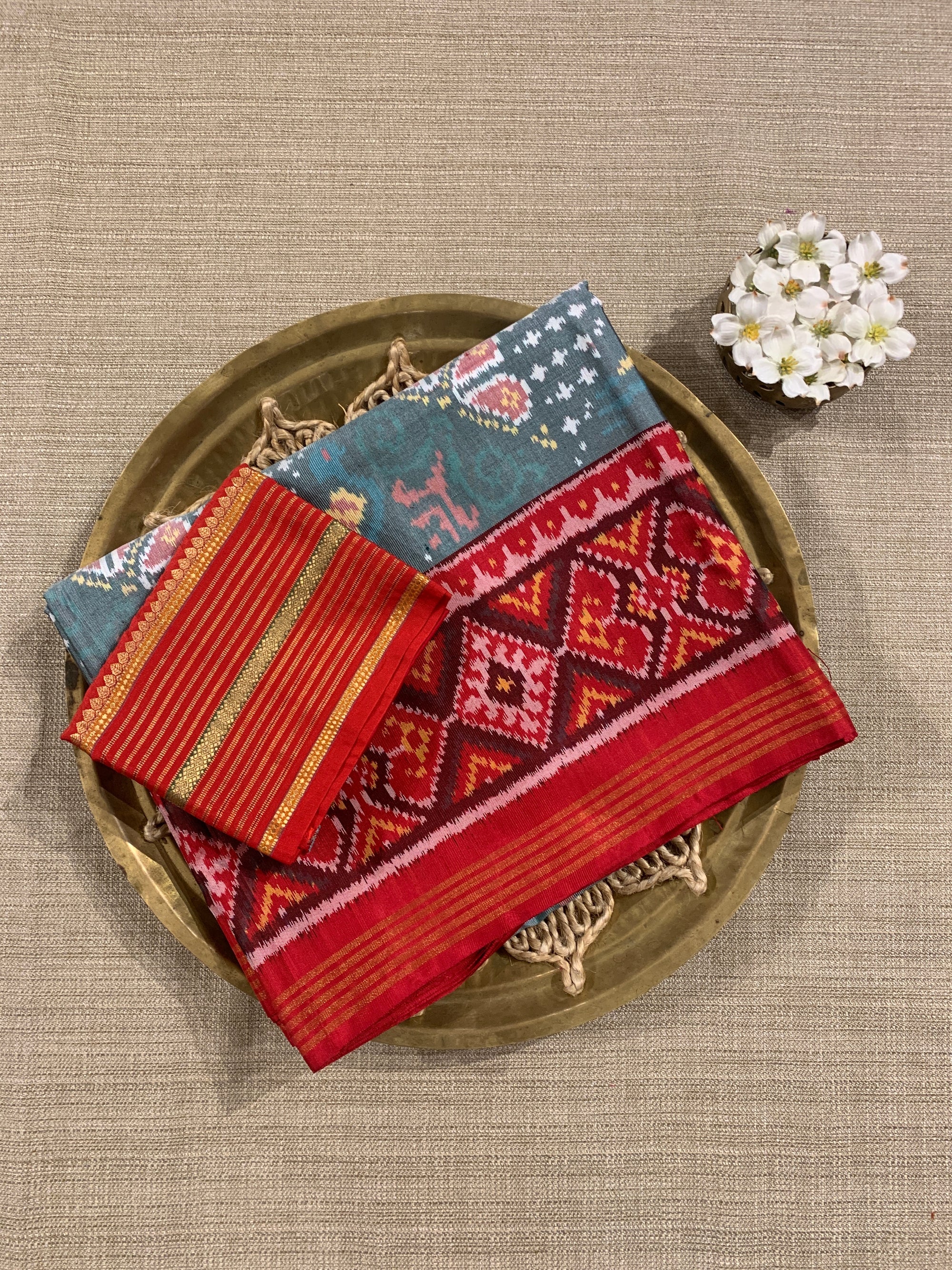 Light Blue and  Red Combo Pure Patan Patola Saree with Unique Concept Body