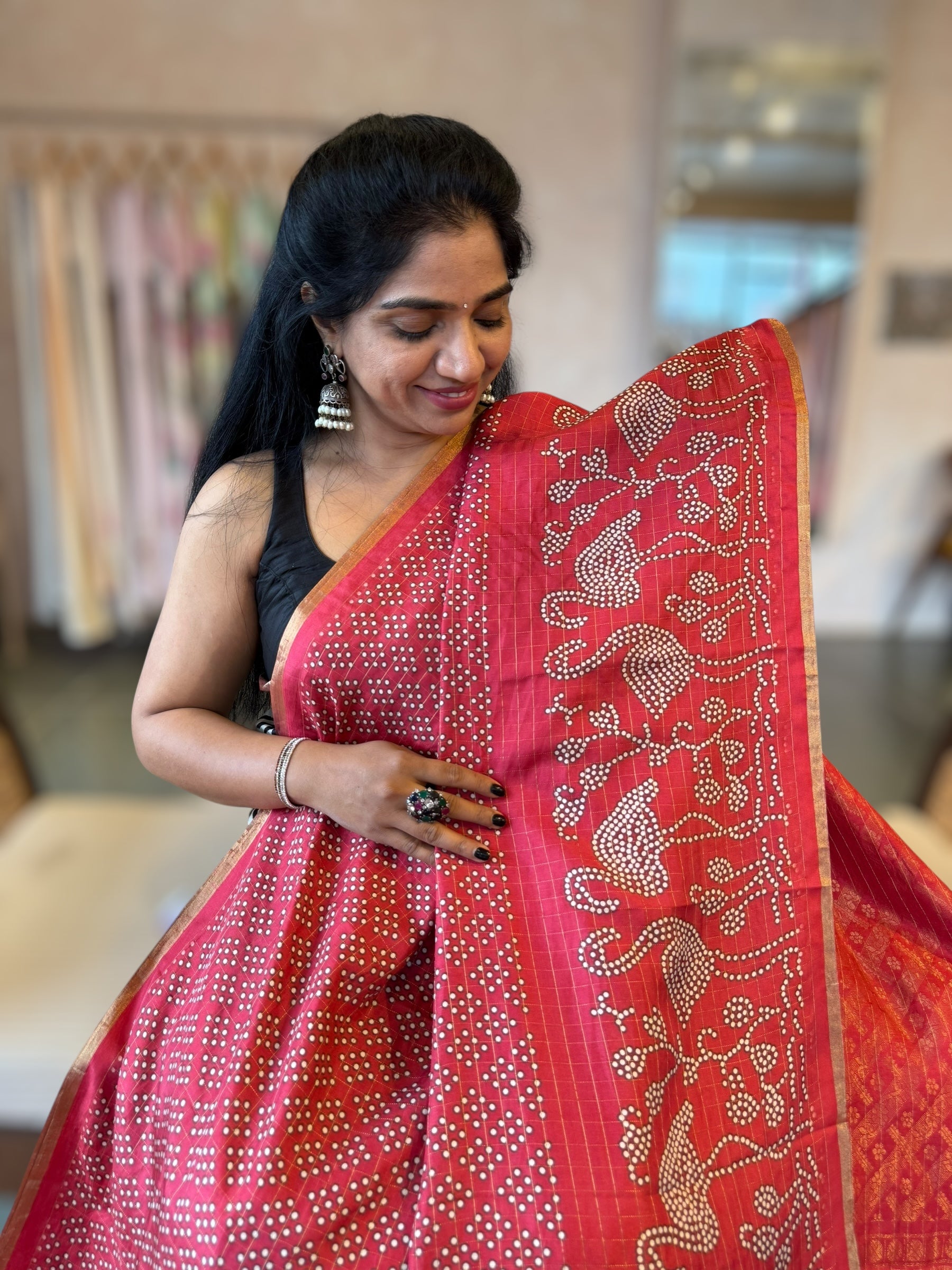 Black Kanchi Soft Silk Saree With Zari Checks allover the Saree &Bandhini Print