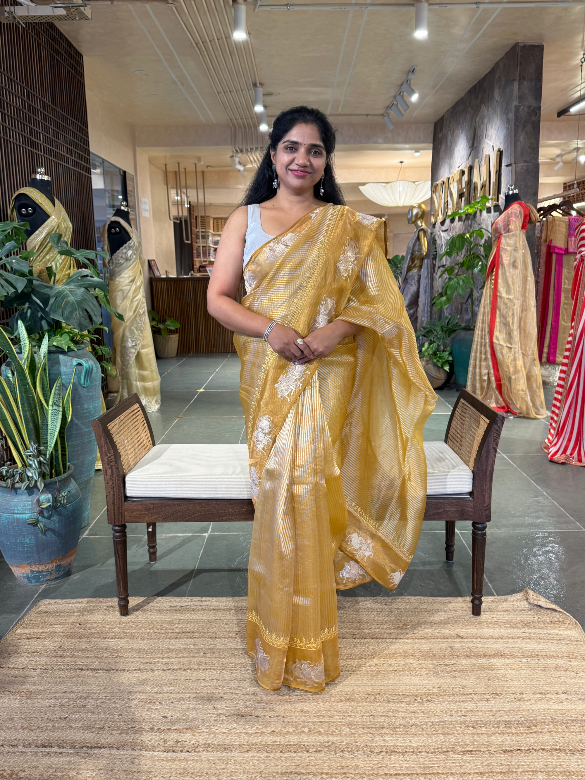 Mustard Tissue Stripes Saree with Nandi Border & Tissue Petite Point Blouse