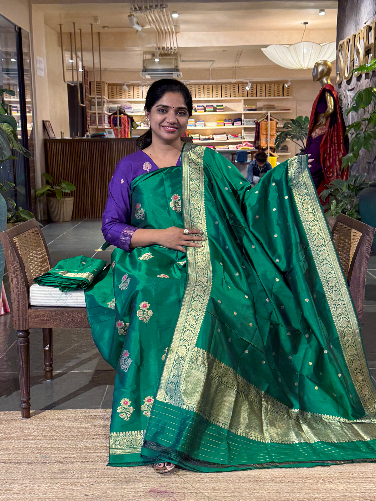 Emerald Green Katan Silk  3 pc Suit Set with meenakari kaduwa weaving