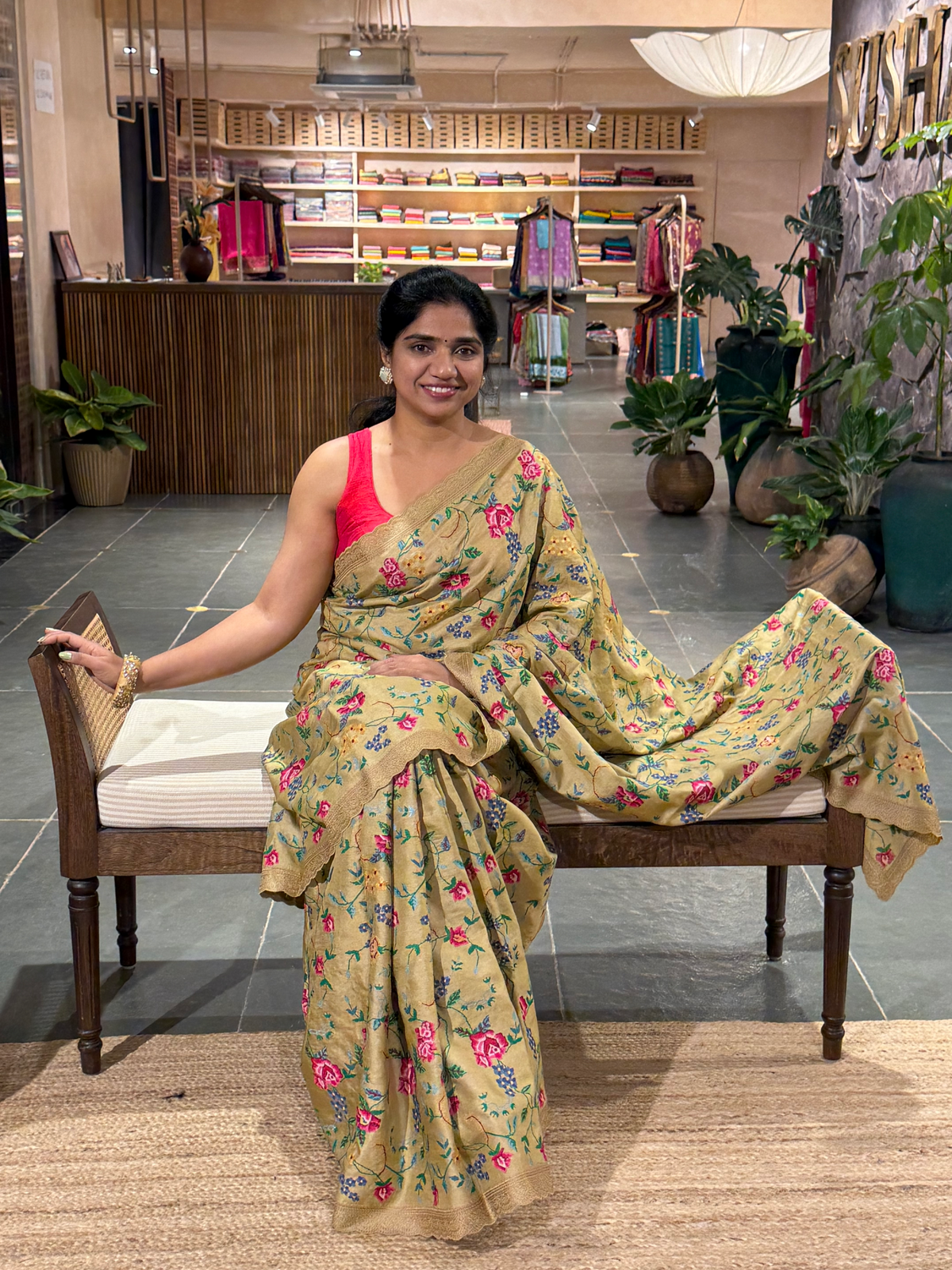 STPPA204 : Khakhi Pure Tussar Saree With Allover Petite Point Embroidery