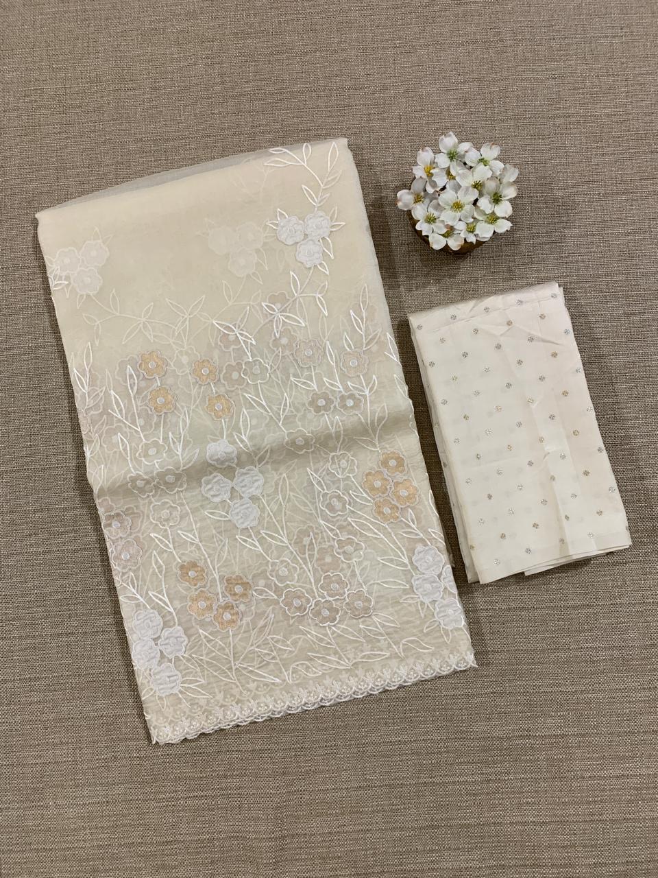 Ivory Organza Applique work Saree