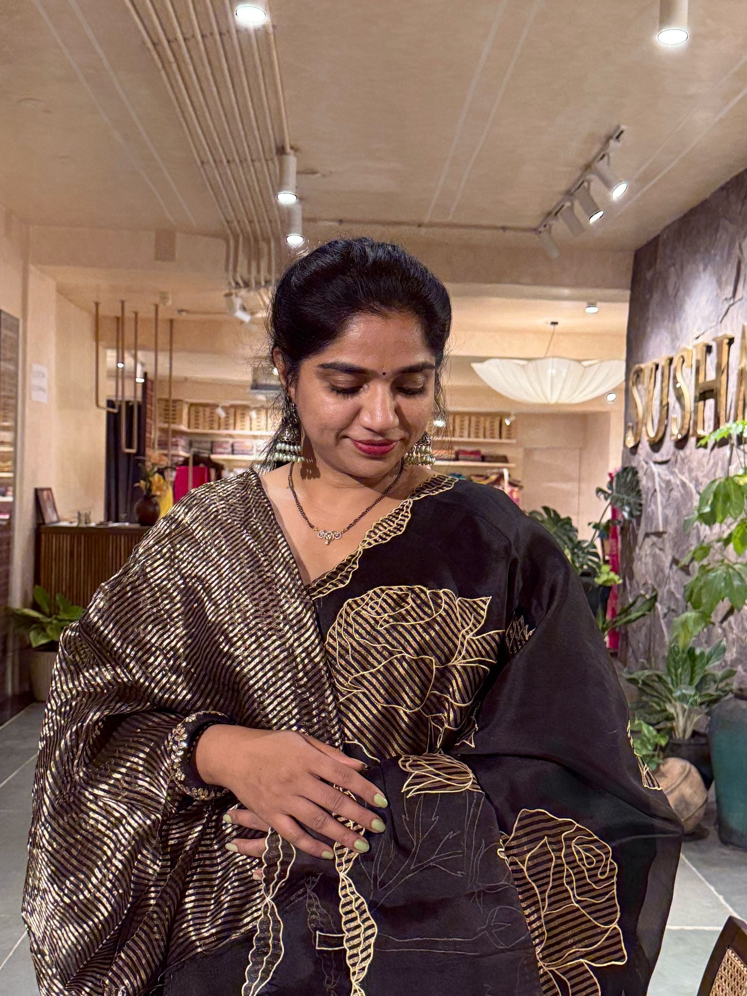 Black Pure Organza Silk Saree with Kora Tissue stripes