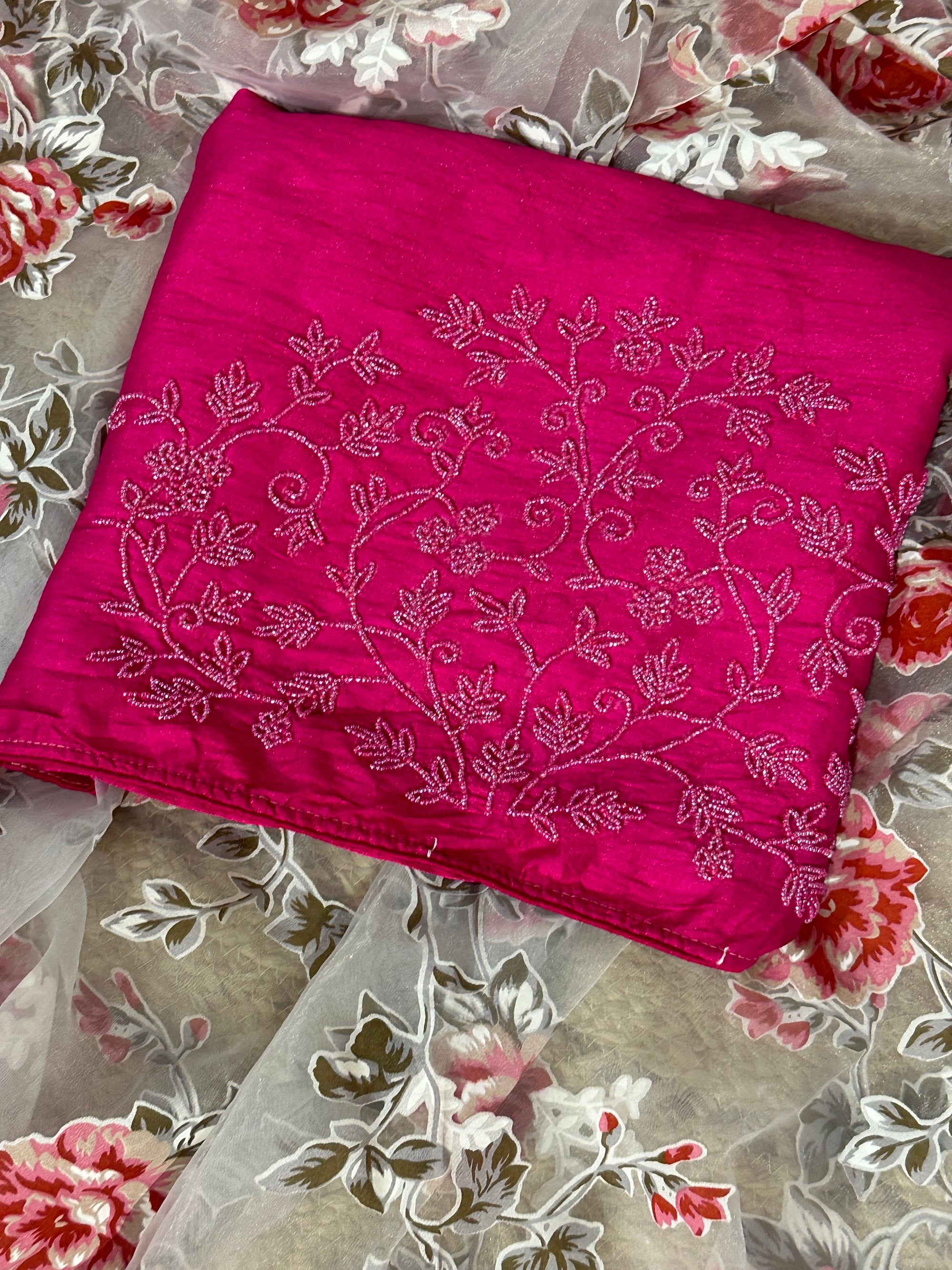 Glass Organza Floral printed Saree with heavy beadwork border and blouse