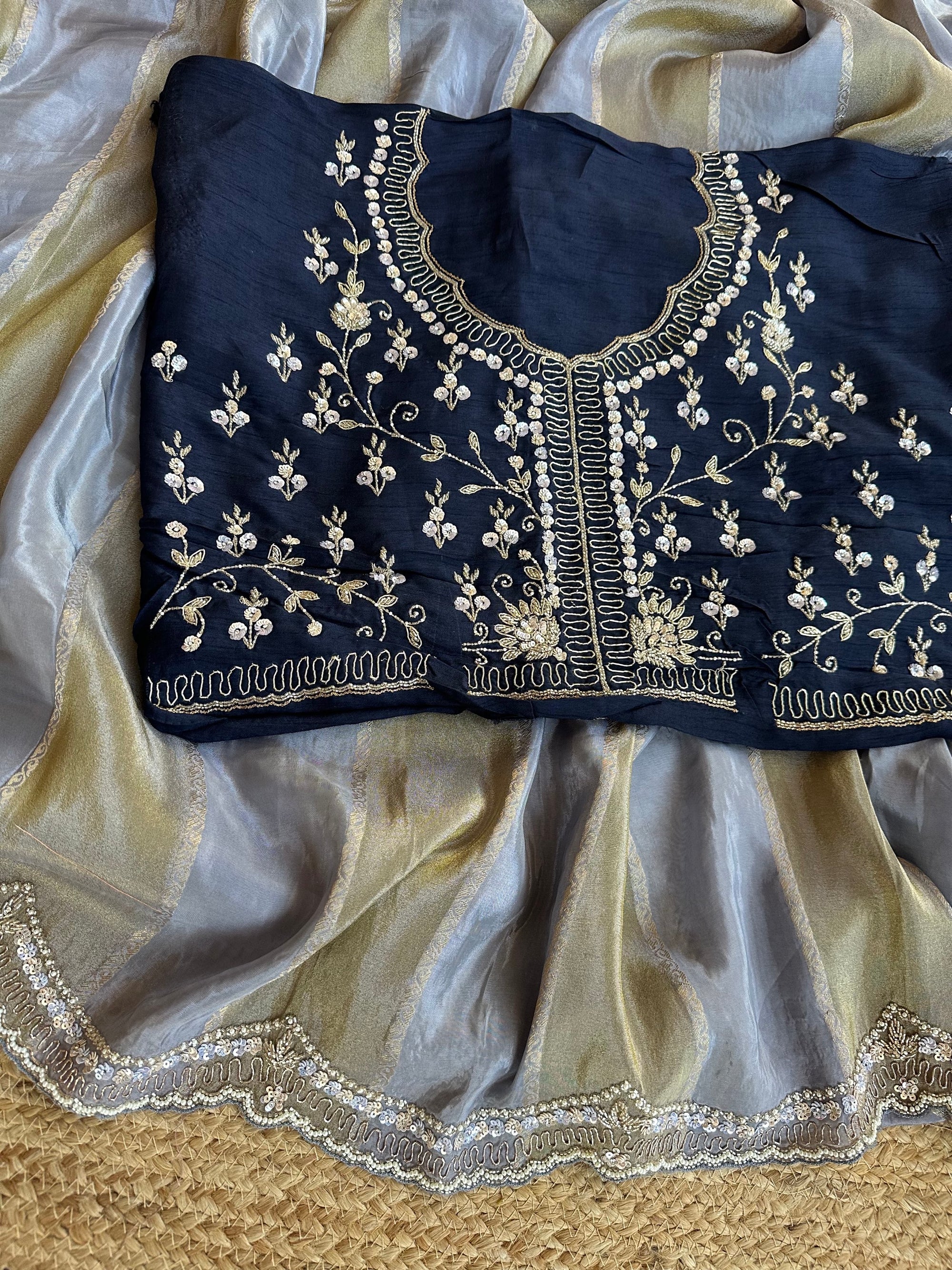 Slate Blue Tissue and kora brasso Saree with Scalloped handwork borders & blouse