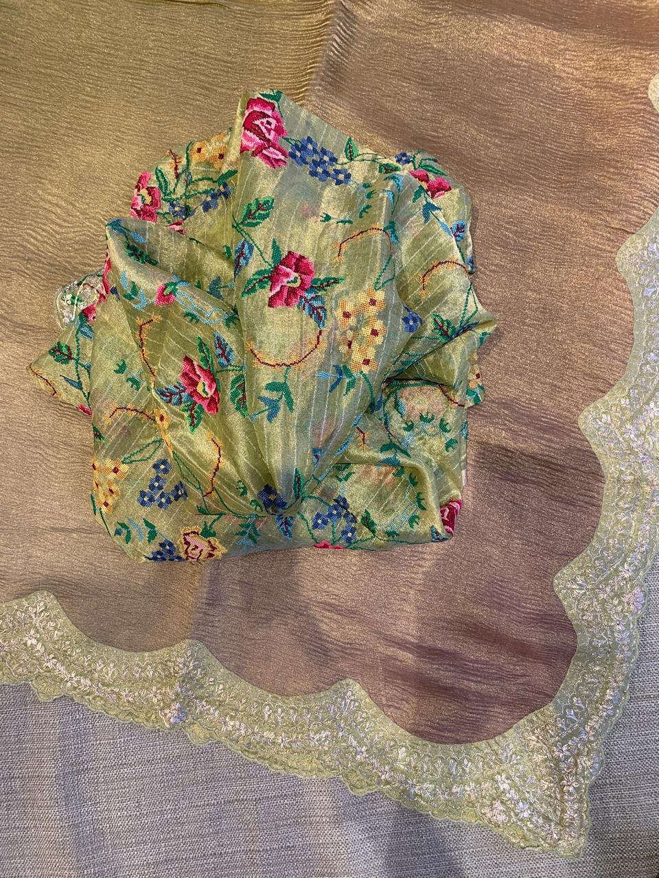Ombre Dyed Crush Tissue Saree With Pitawork Border & Petite Point Embroidered BP
