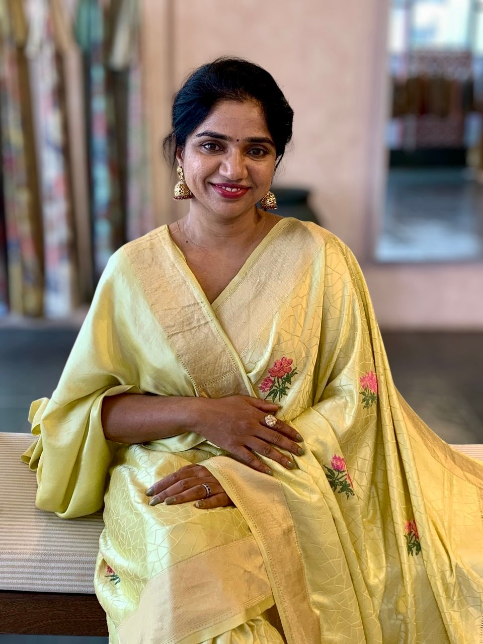 Lime Green Designer Banarasi Mashru Silk Saree with Petite Point Embroidered flo