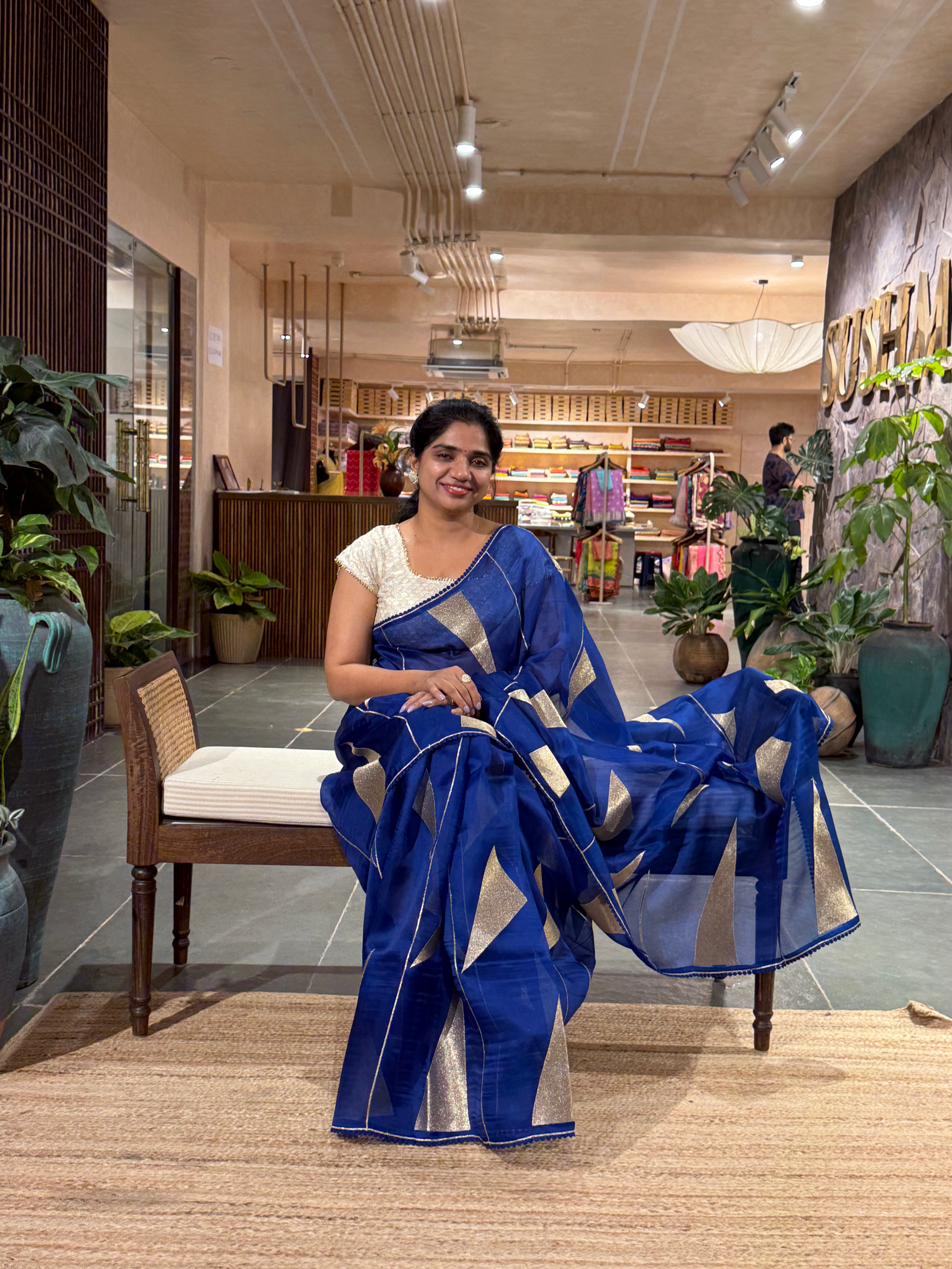 SOCA101 Royal Blue Pure Organza Silk Saree in contemporary style