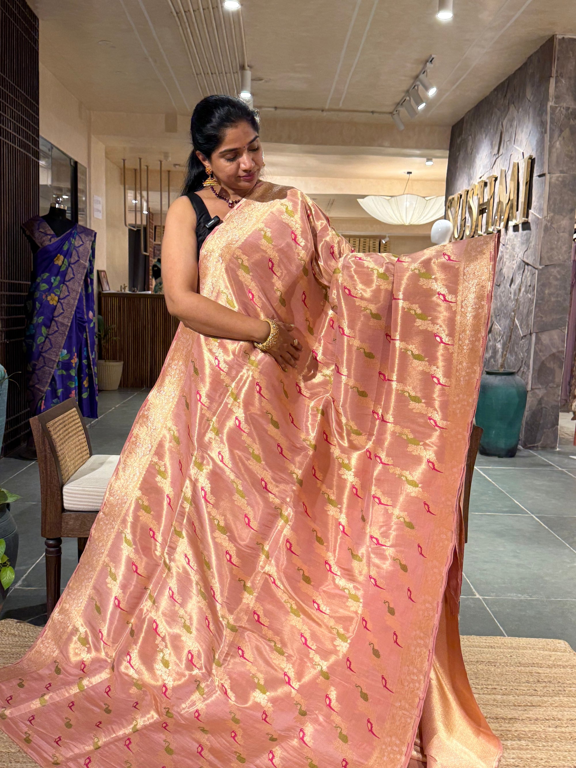 Pastel Pink Pure Handloom Banarasi Ektara Tissue saree
