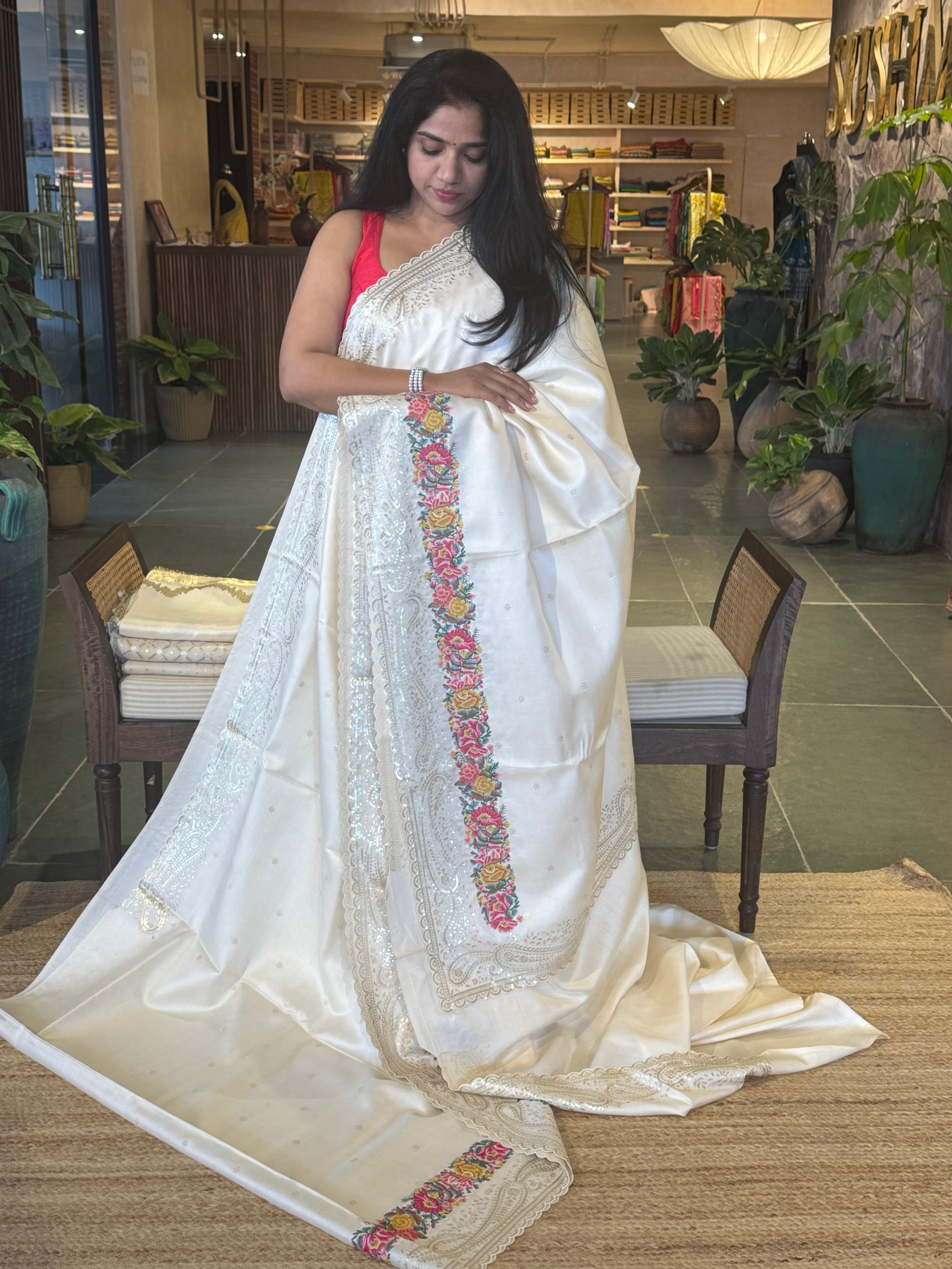 Pure Silk Saree with Paisley sequnece  and petite point embroidery borders