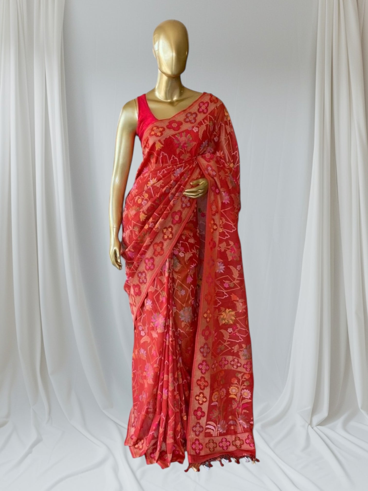 Carrot Color Banarasi Handloom Cotton  Cut Jamdani Saree With Allover Meenakari