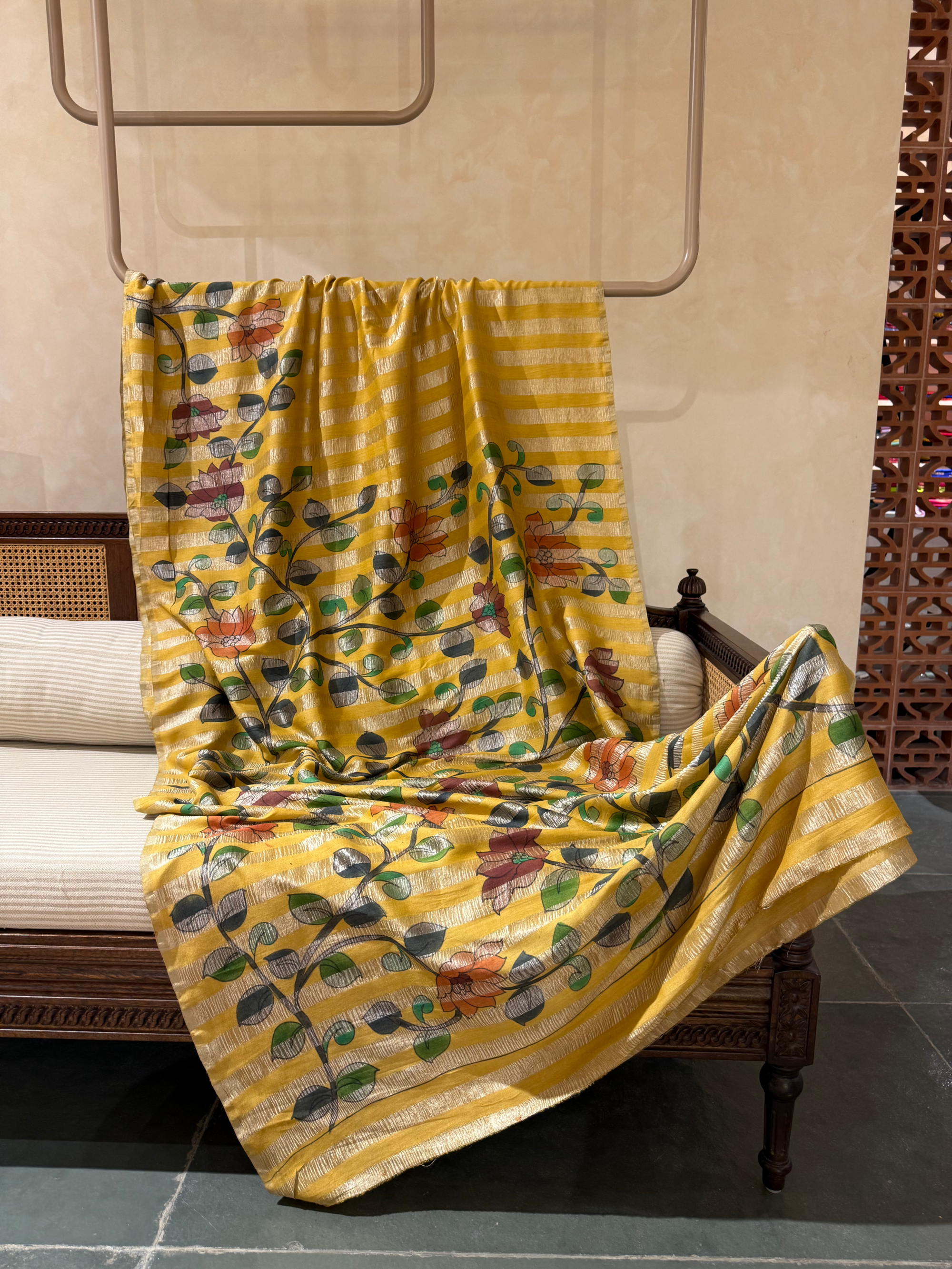 SMTKM173 Pure Handloom Munga Silk Wth Tissue Stripes & Penkalamkari Handpainting