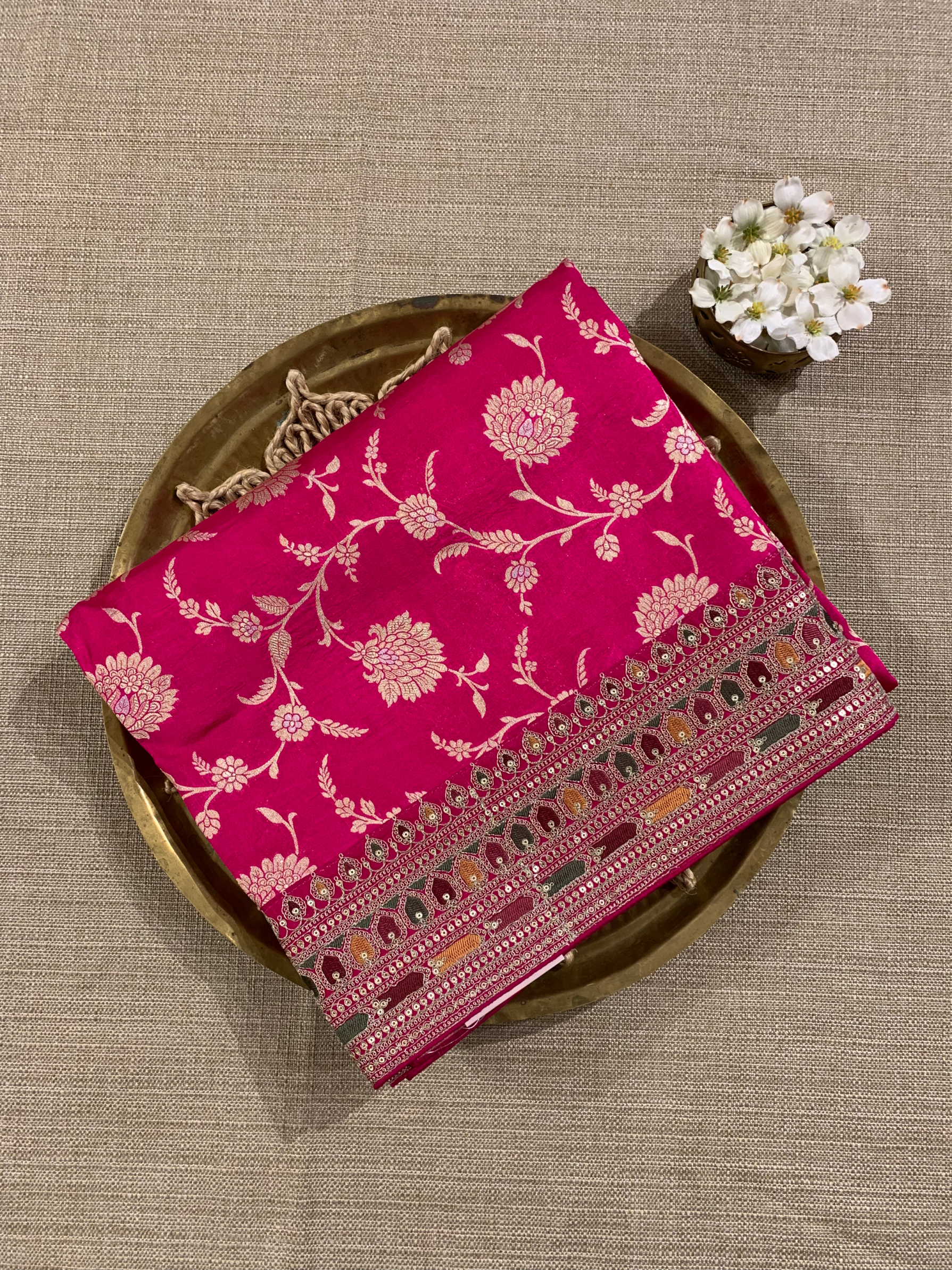 Fushcia Pink Pure Handloom Banarasi Silk Saree With Sabhyasachi Borders & Blouse
