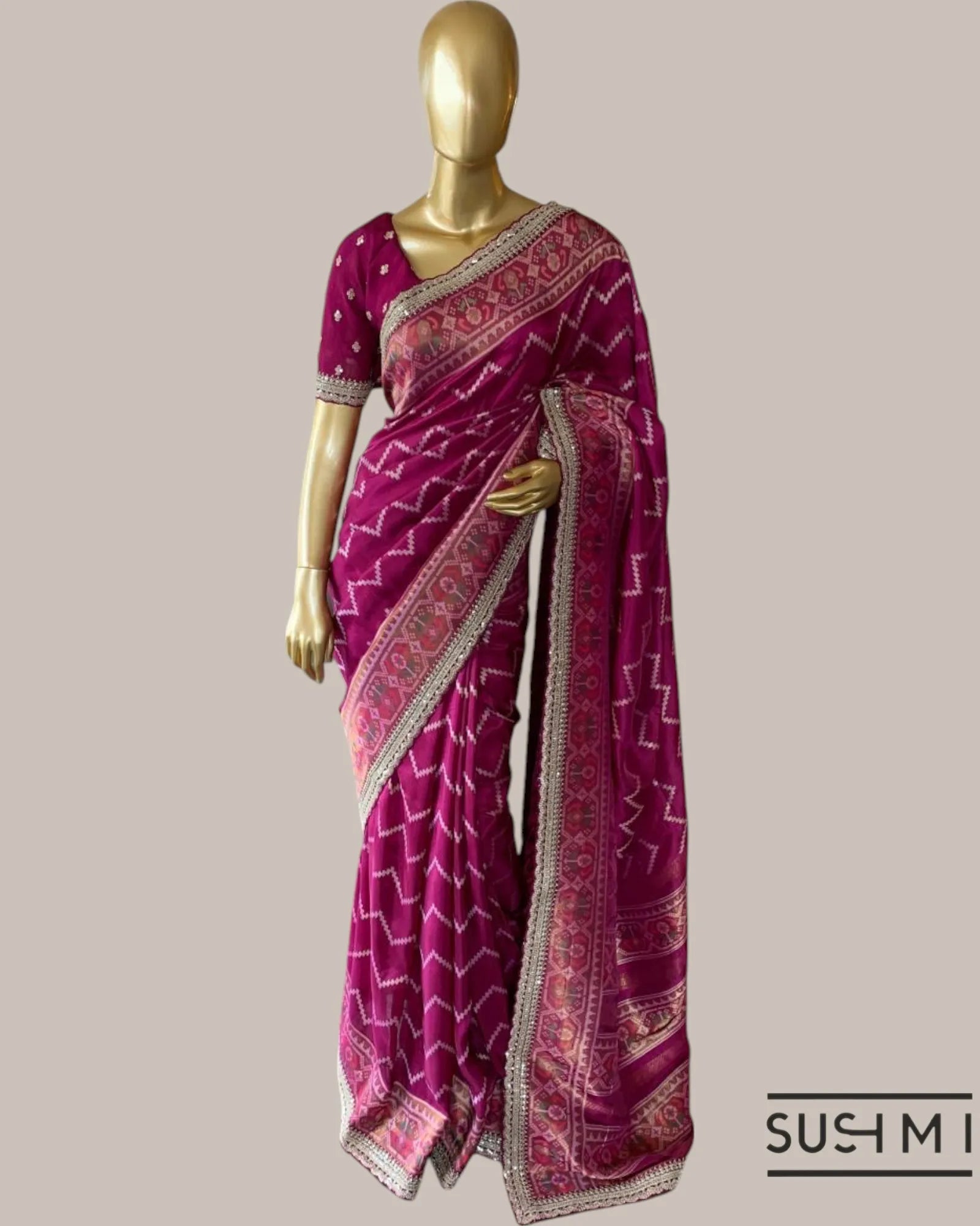Majenta Tussar Silk Gorgette Saree in Ikkath Patola style Chevron body and Patol
