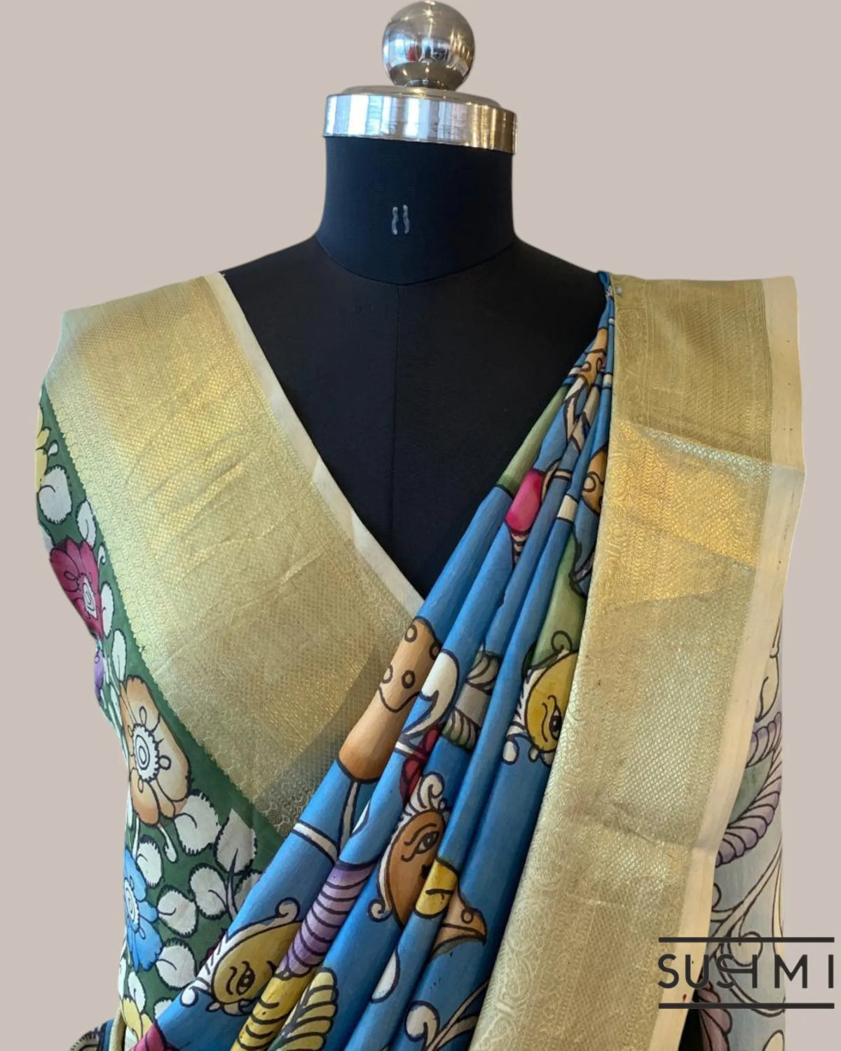 Blue Kanchi Pen kalamkari handpainted saree with heavy borders