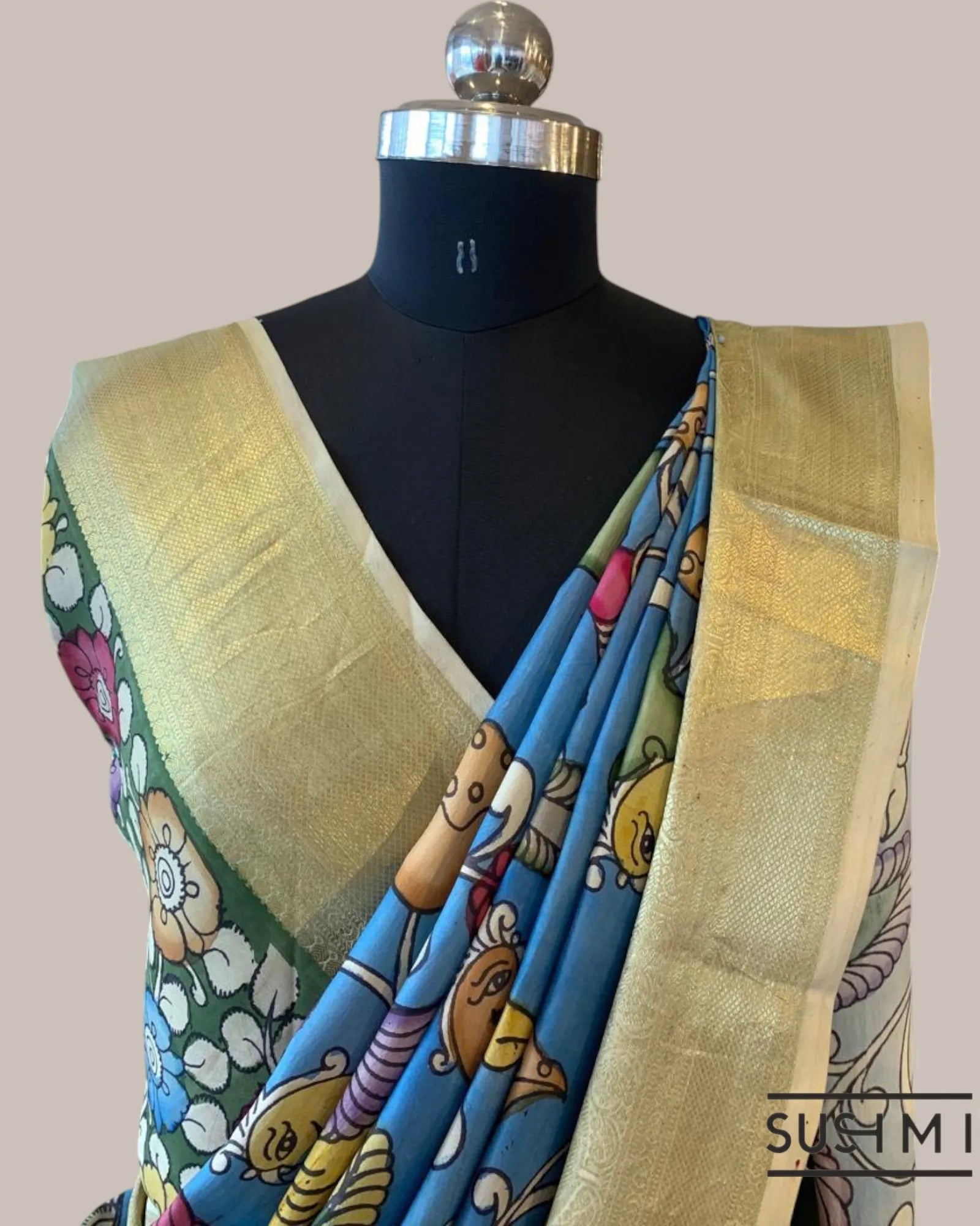 Blue Kanchi Pen kalamkari handpainted saree with heavy borders