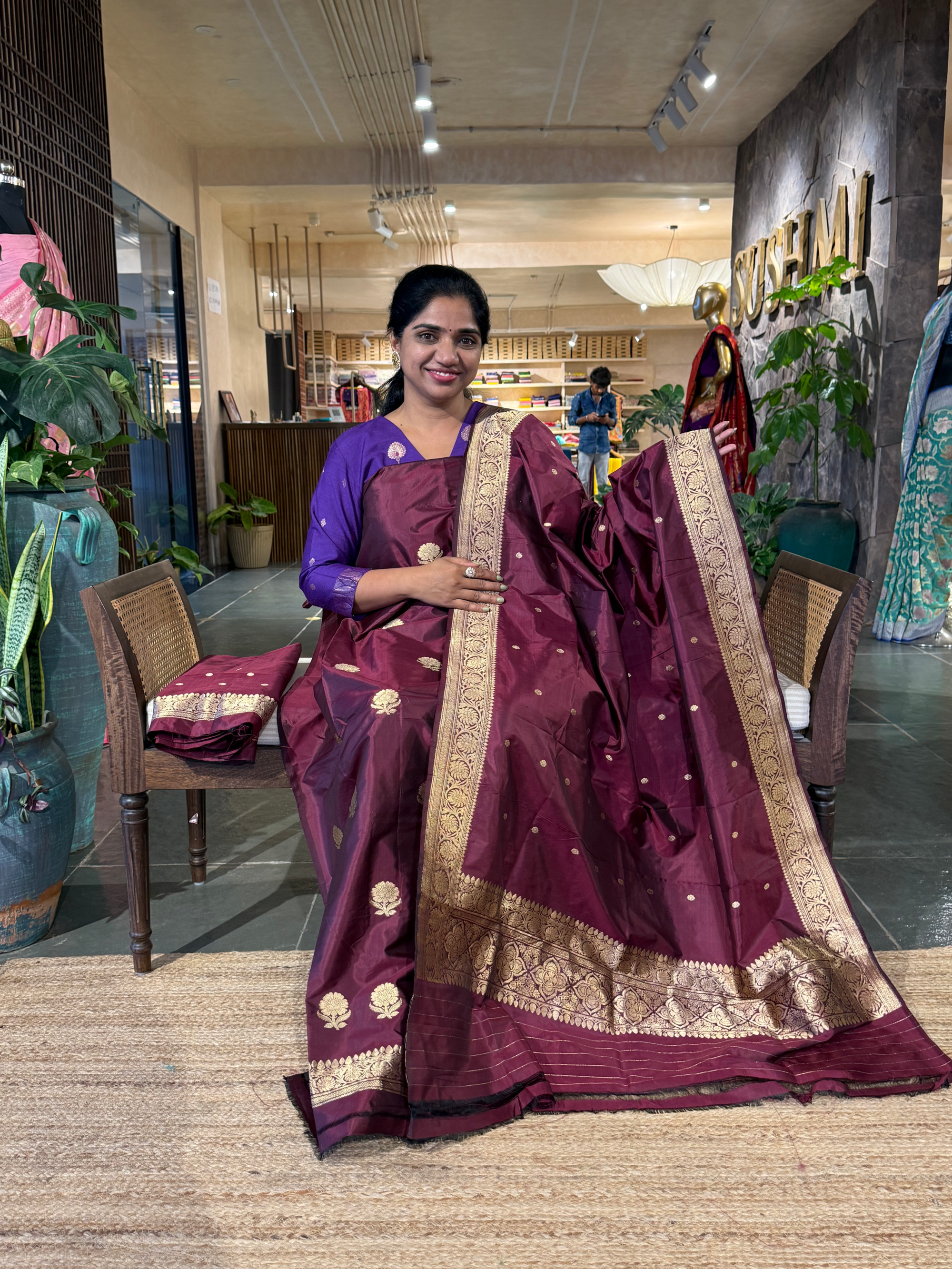 Winish Browm Pure Handloom Katan Silk  3 pc Suit Set with  kaduwa weaving