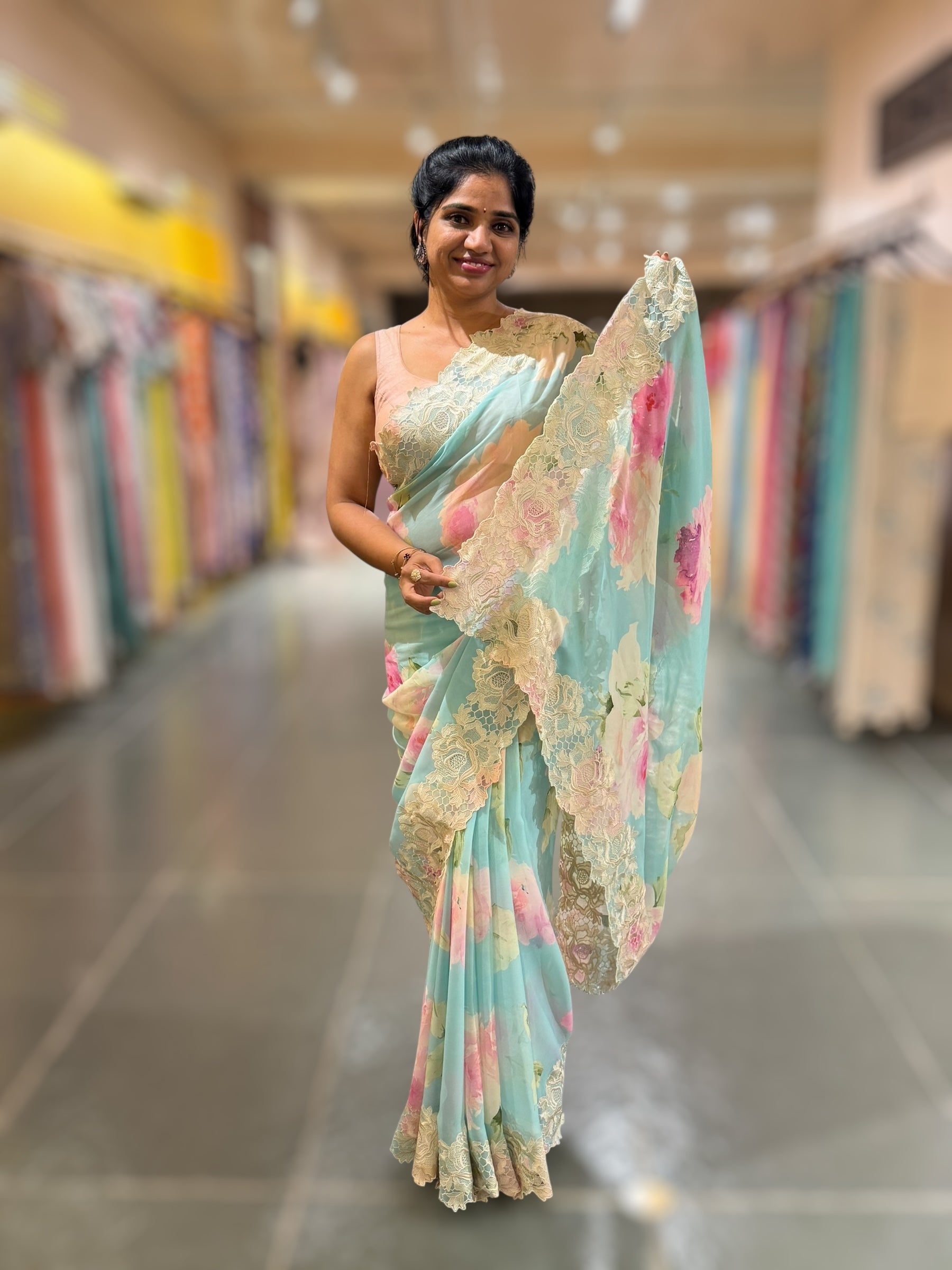 Light Blue painting Style Printed Gorgette Saree With Cutwork Lace Border