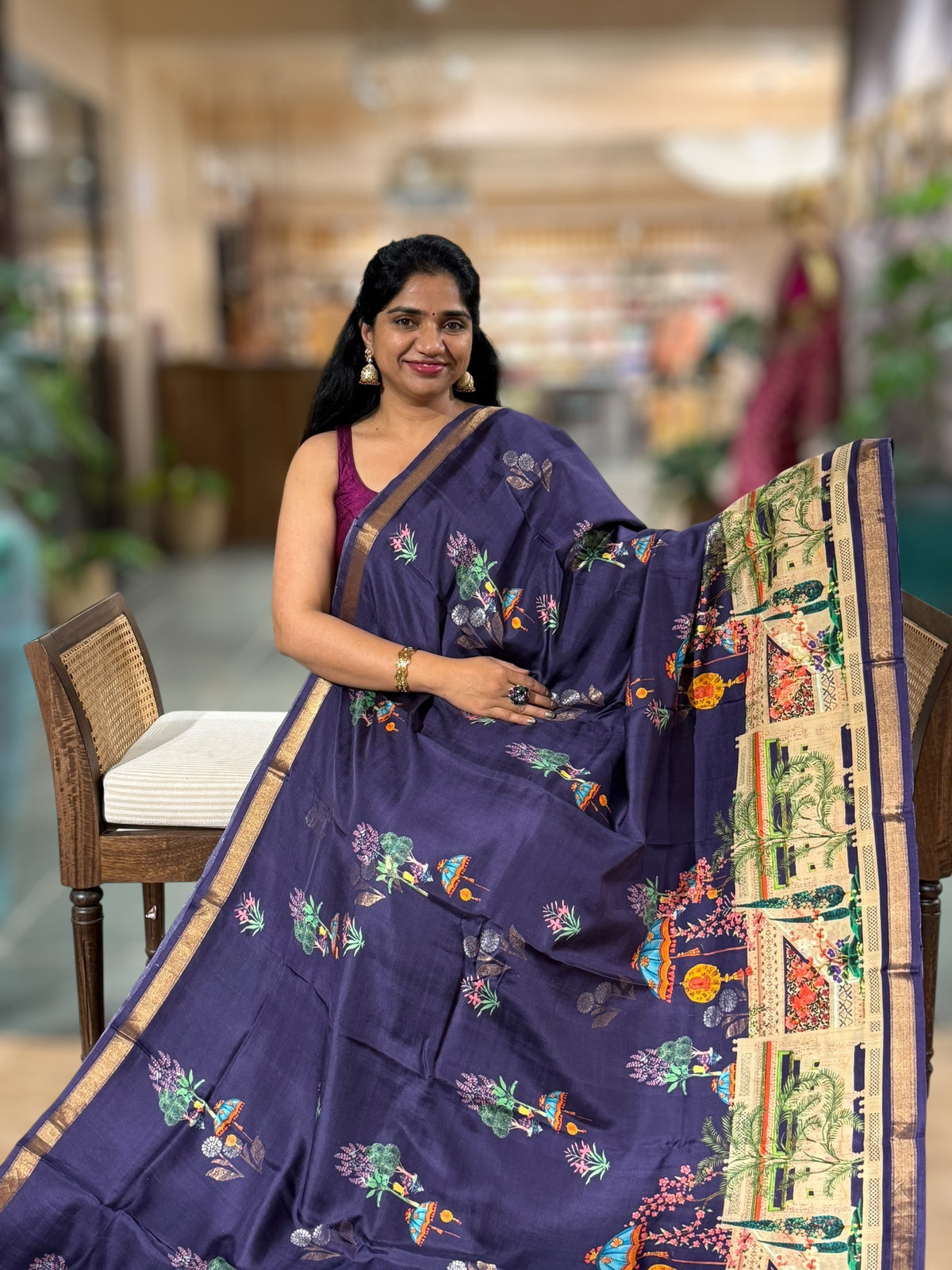 Brinjal Kanchi Soft Silk with beautiful Floral Print