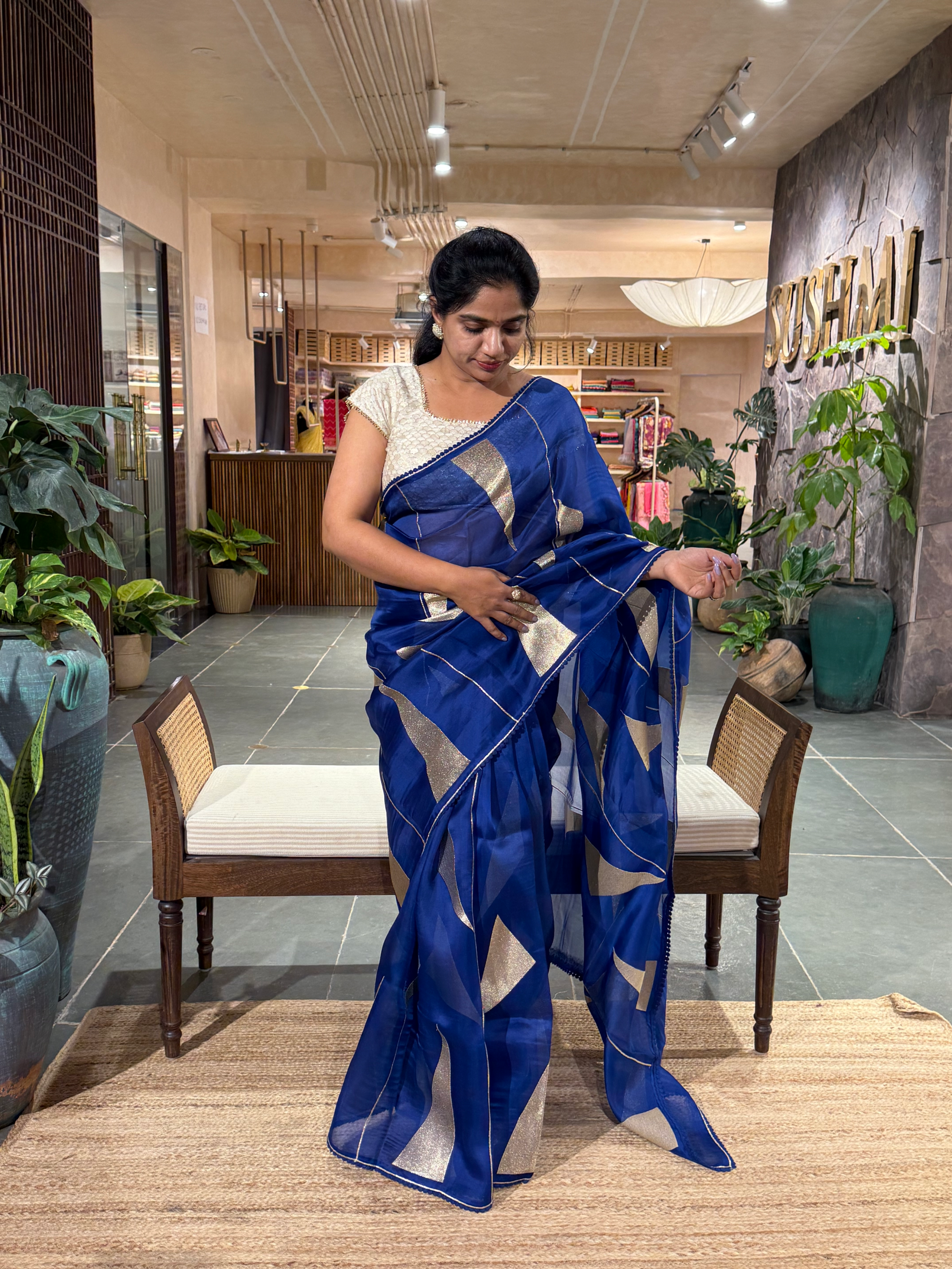 SOCA101 Royal Blue Pure Organza Silk Saree in contemporary style