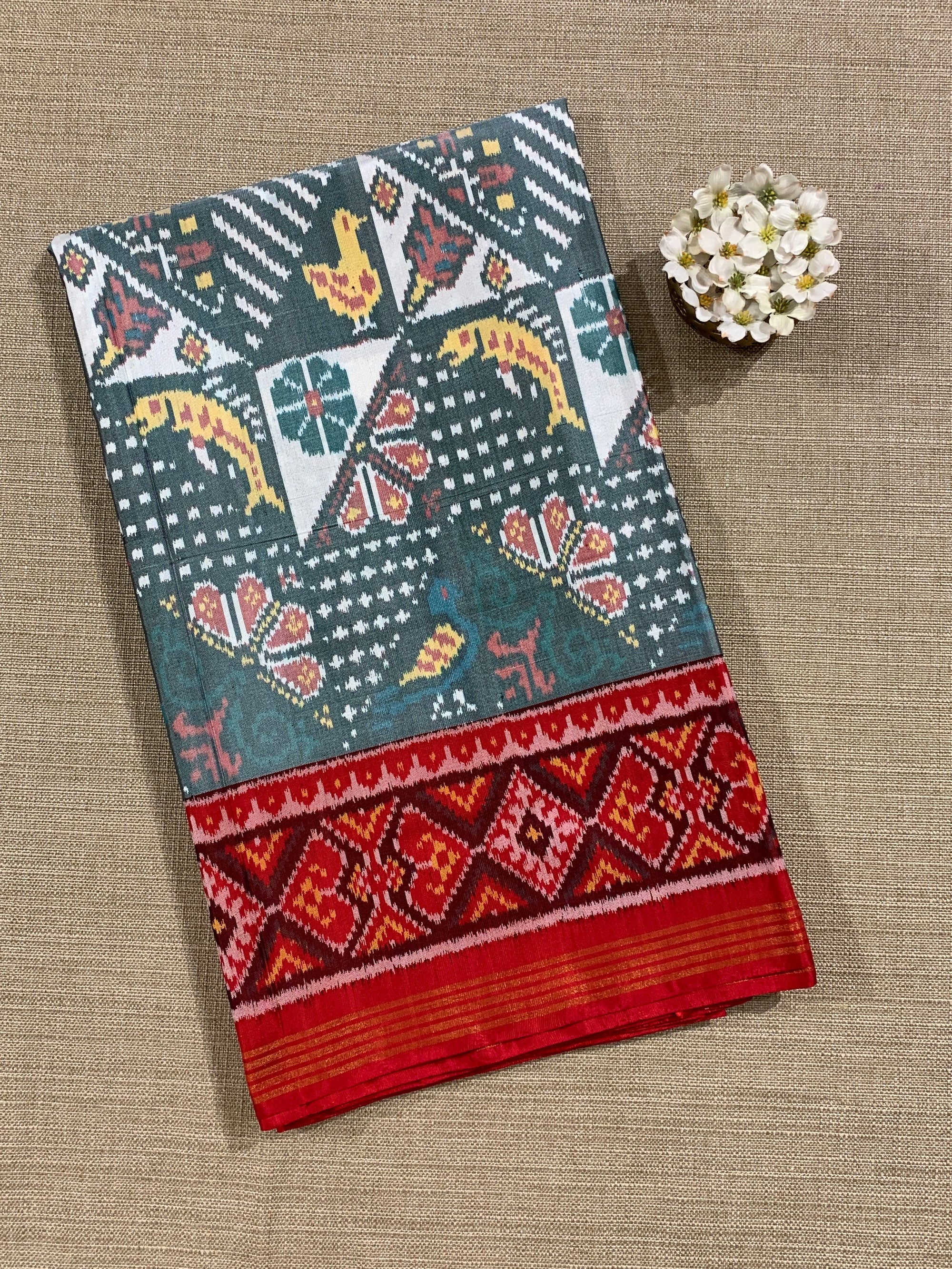 Light Blue and  Red Combo Pure Patan Patola Saree with Unique Concept Body