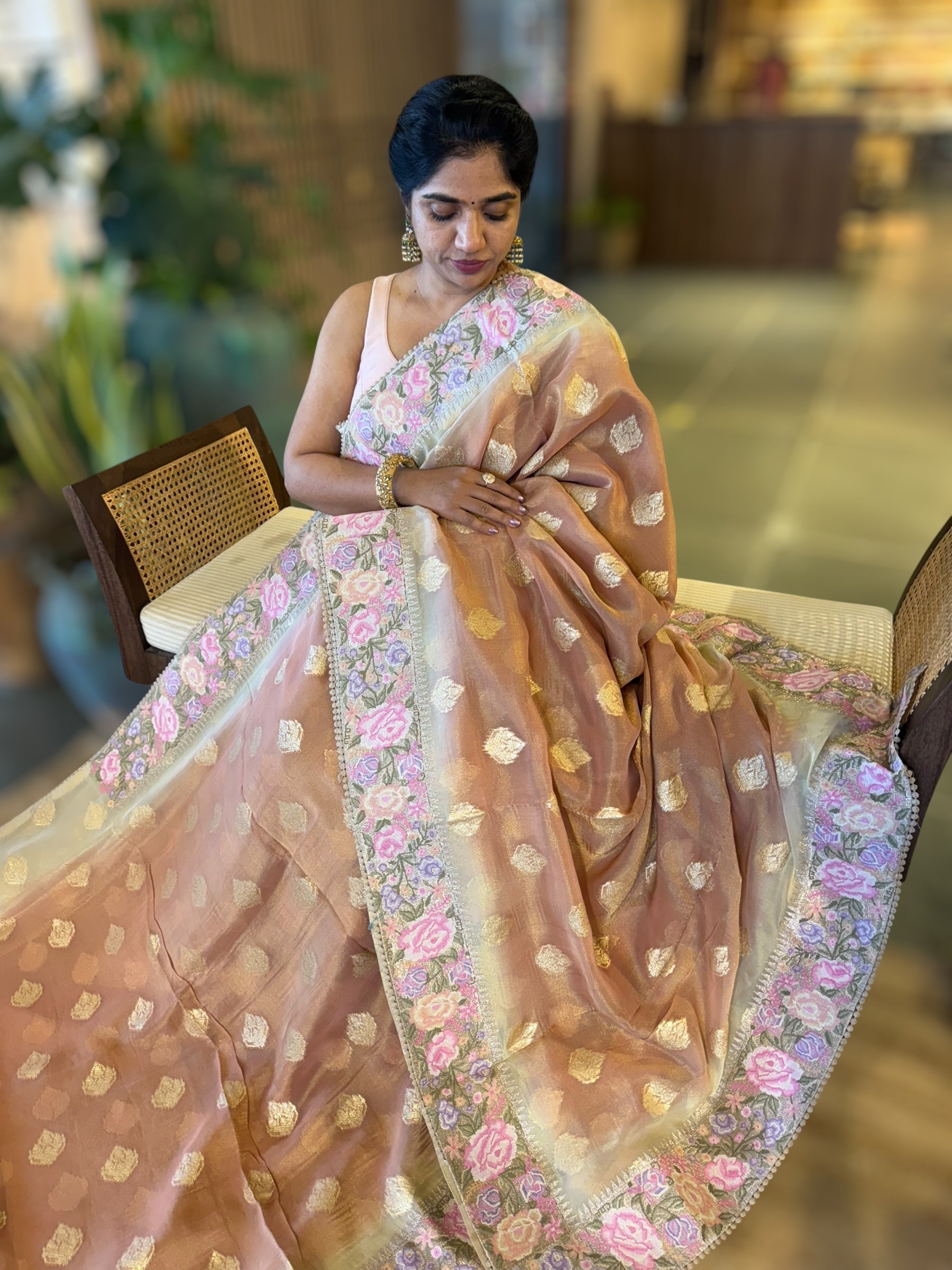 Peachish Brown Banarasi Tissue Gorgette Saree Wth Petite Point Border