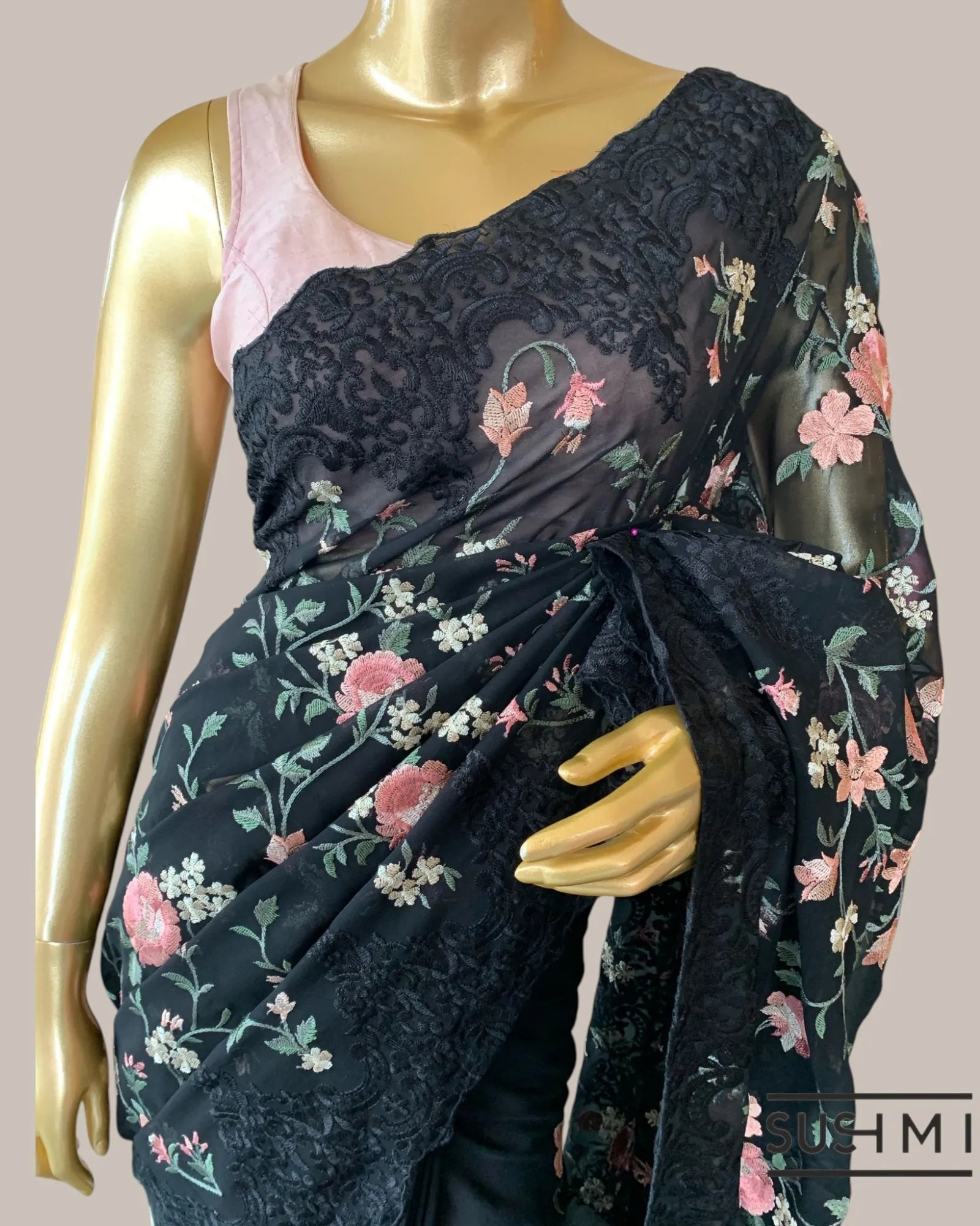 Black Pure Gorgette Saree With Petite Point Style Allover Embroidery   Original