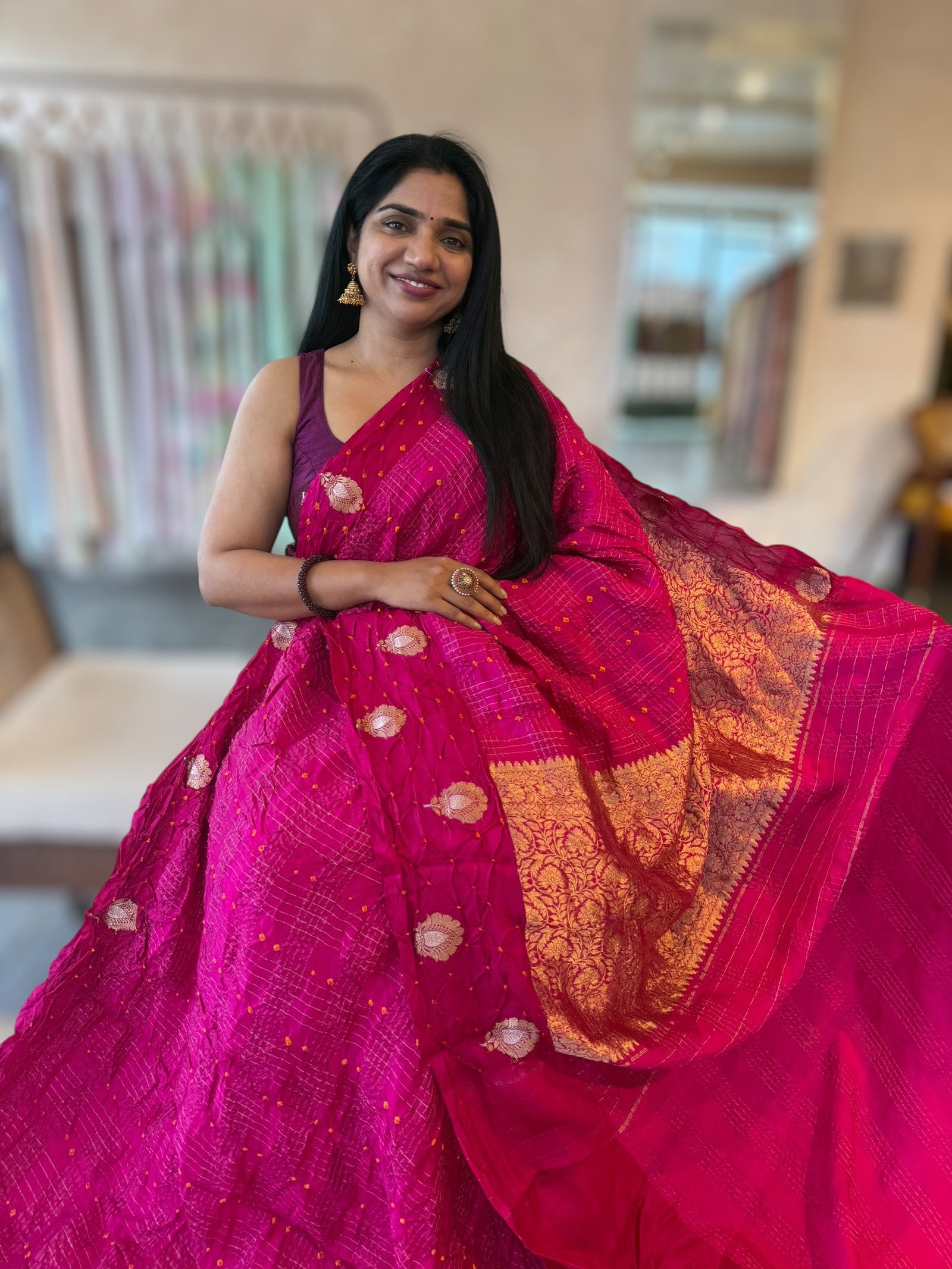 Rani Pink Banarasi Bandhej Silk Saree With Kaduwa Woven Open Mashru Borders