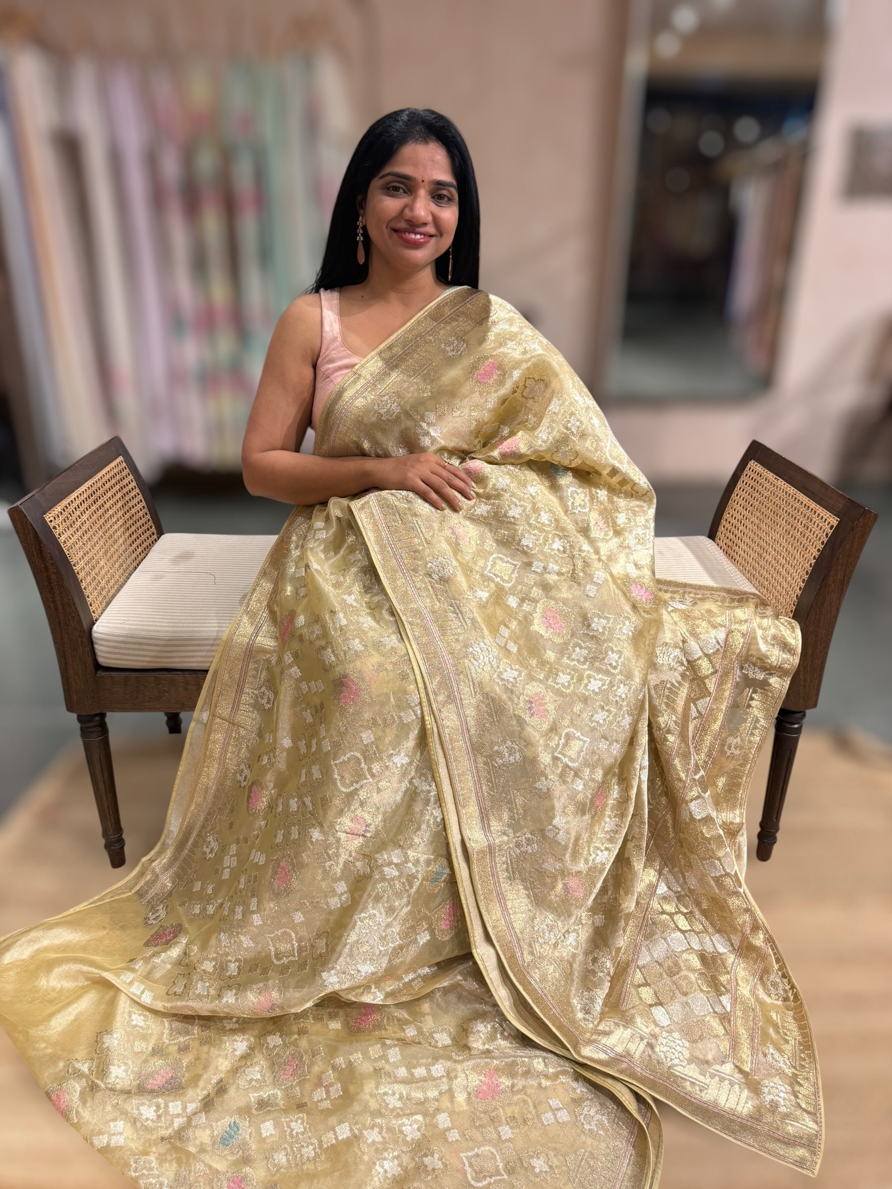 Lighte Yellow Gold Pure Tissue With Jamdani Inspired Allover Embroidery