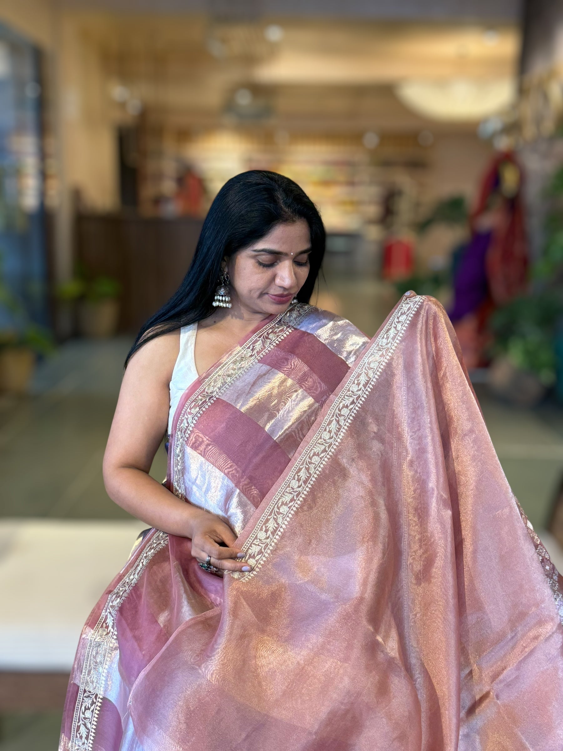Onion Pink Kora Tissue Stripes Saree With Jamdani  & Pichwai embroidered Border