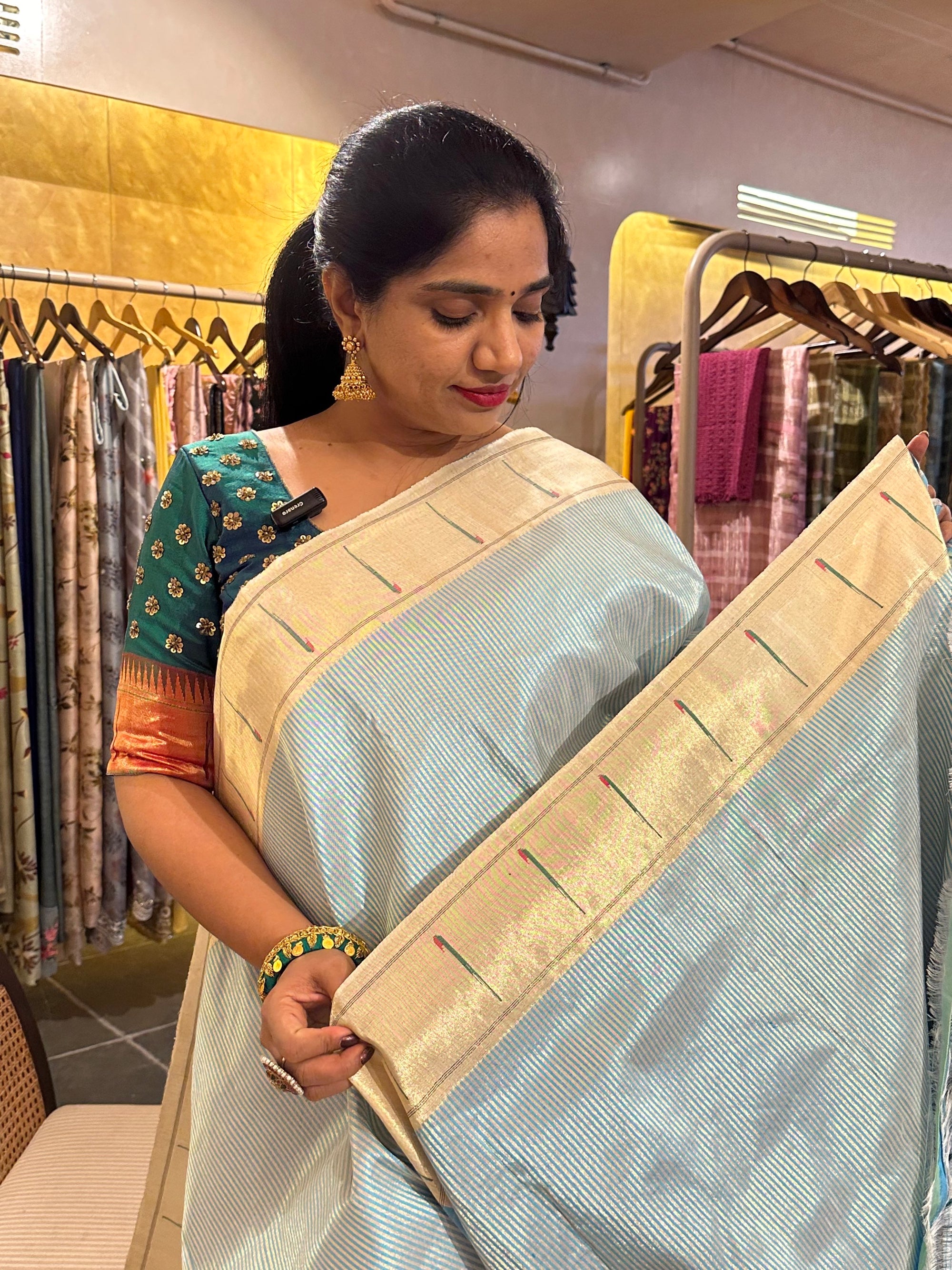 Light Blue single Muniya Pure Paithani saree withallover stripes