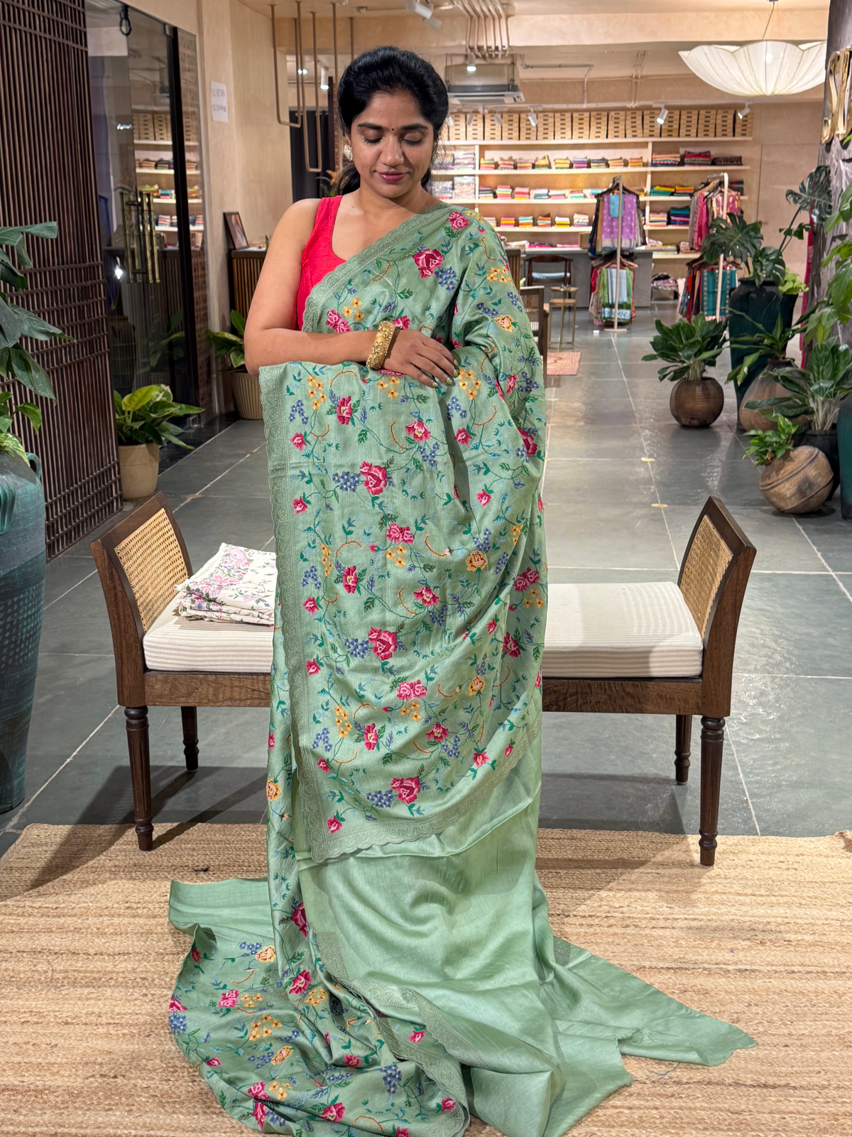 STPPA206 : Sage Green Pure Tussar Saree With Allover Petite Point Embroidery