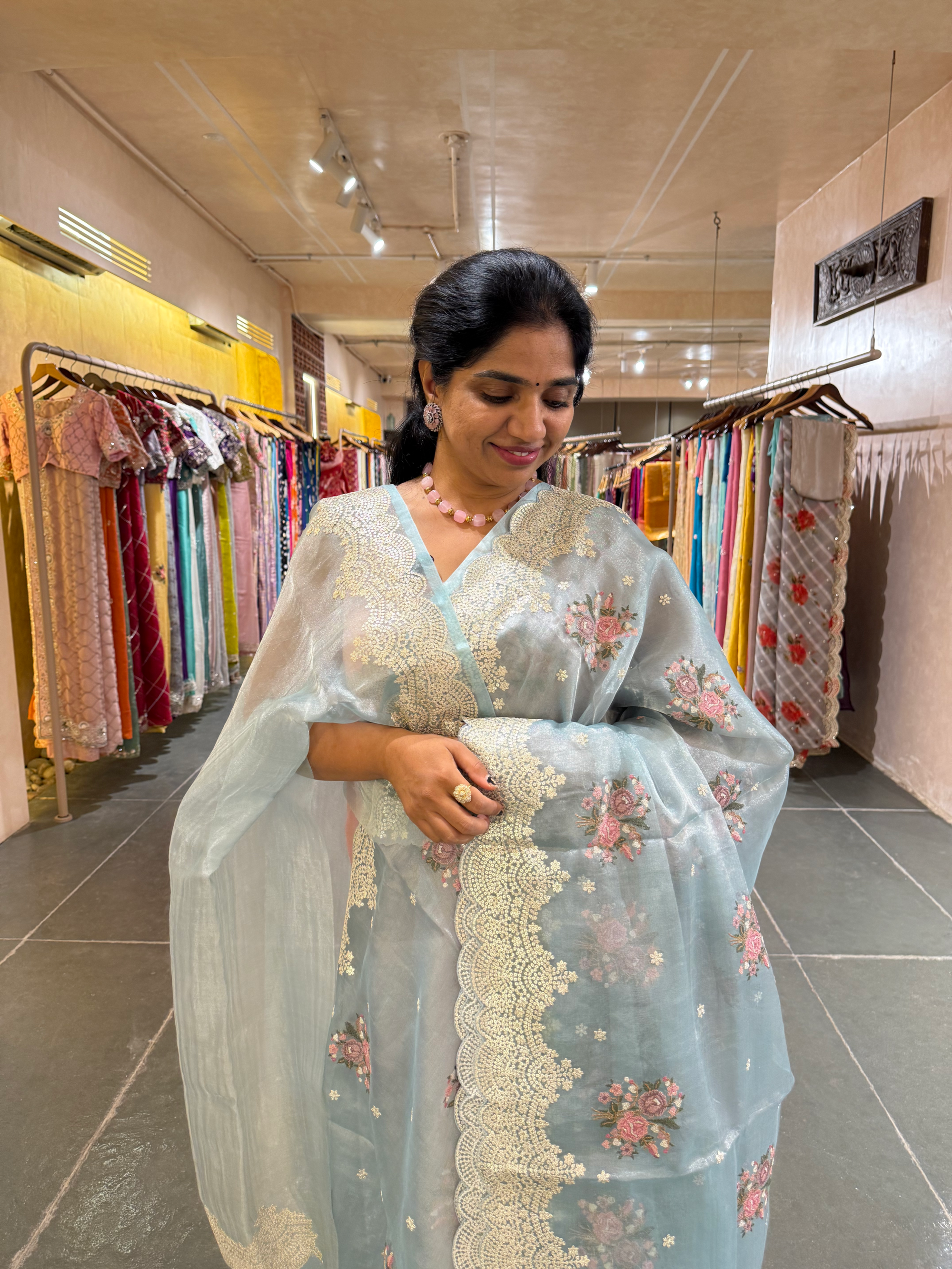 Blue Tissue Saree With allover Petite Point Motifs & Pittai Sequnce Borders
