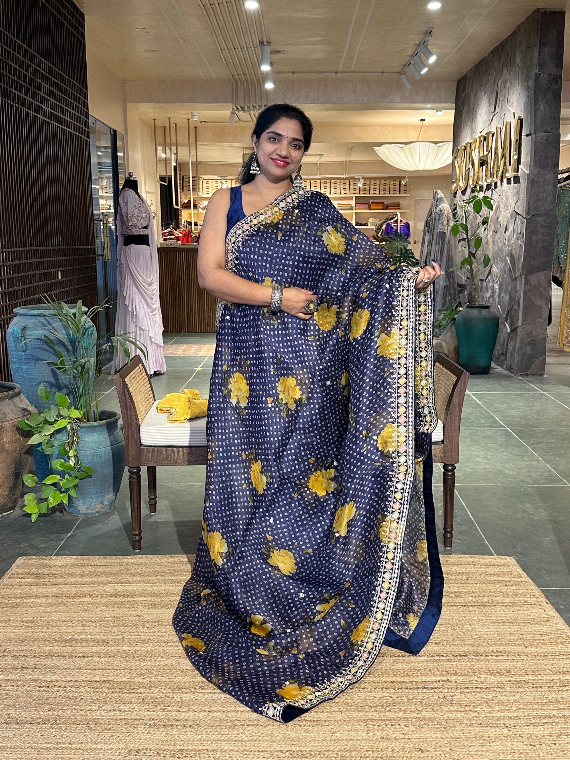 Midnight Blue Floral Organza Silk Saree