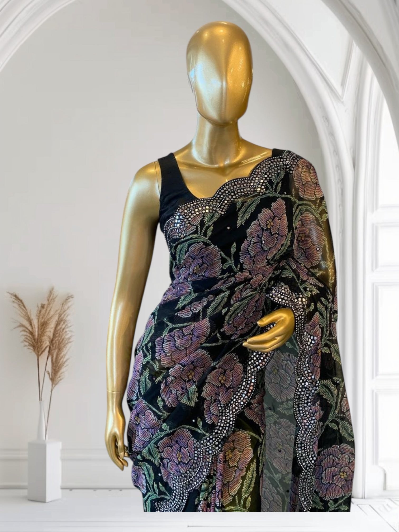 Black Gorgette prints with handwork mirrorwork borders